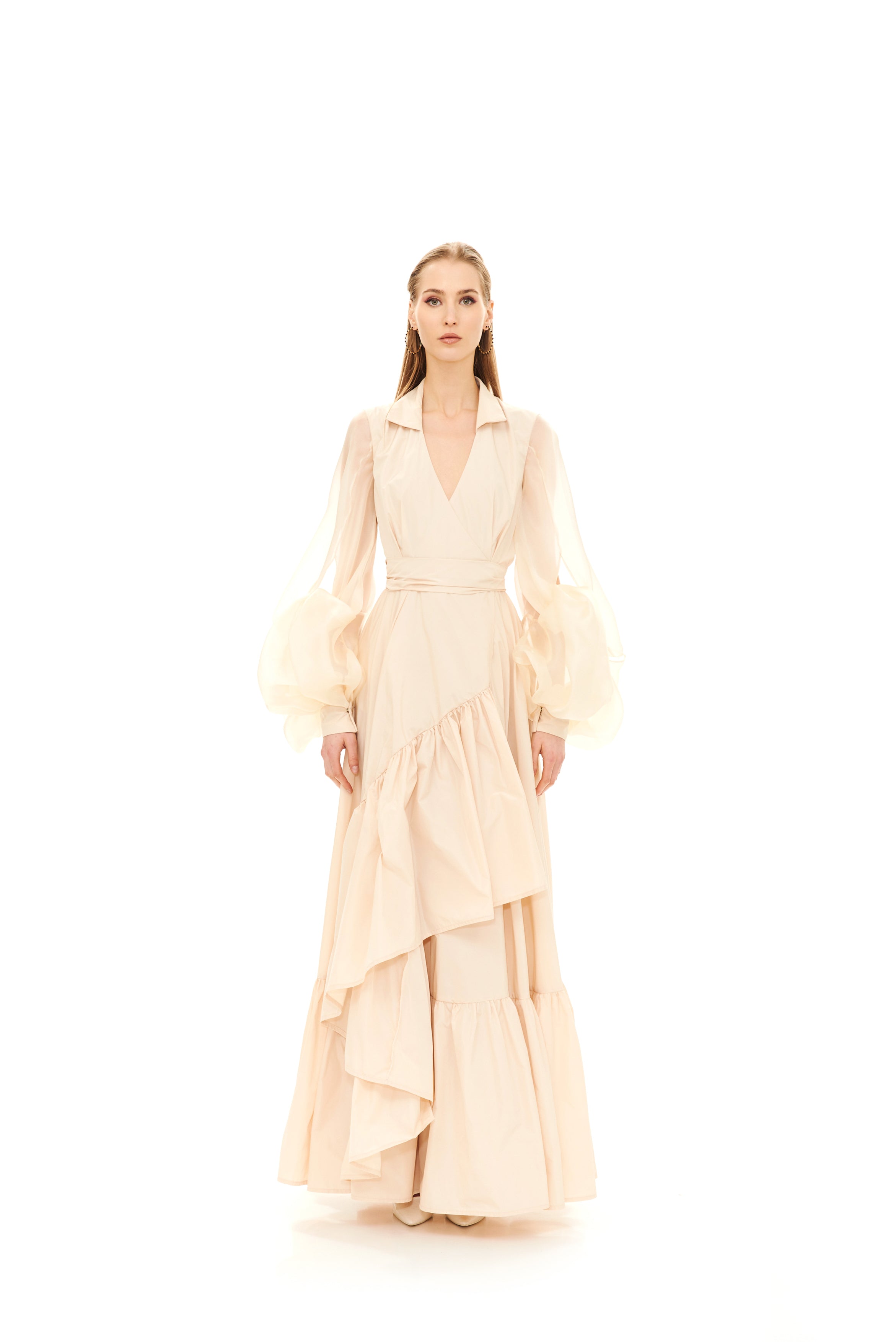 MAXI RUFFLE CHEMISIER WITH KNOTTED SLEEVES
