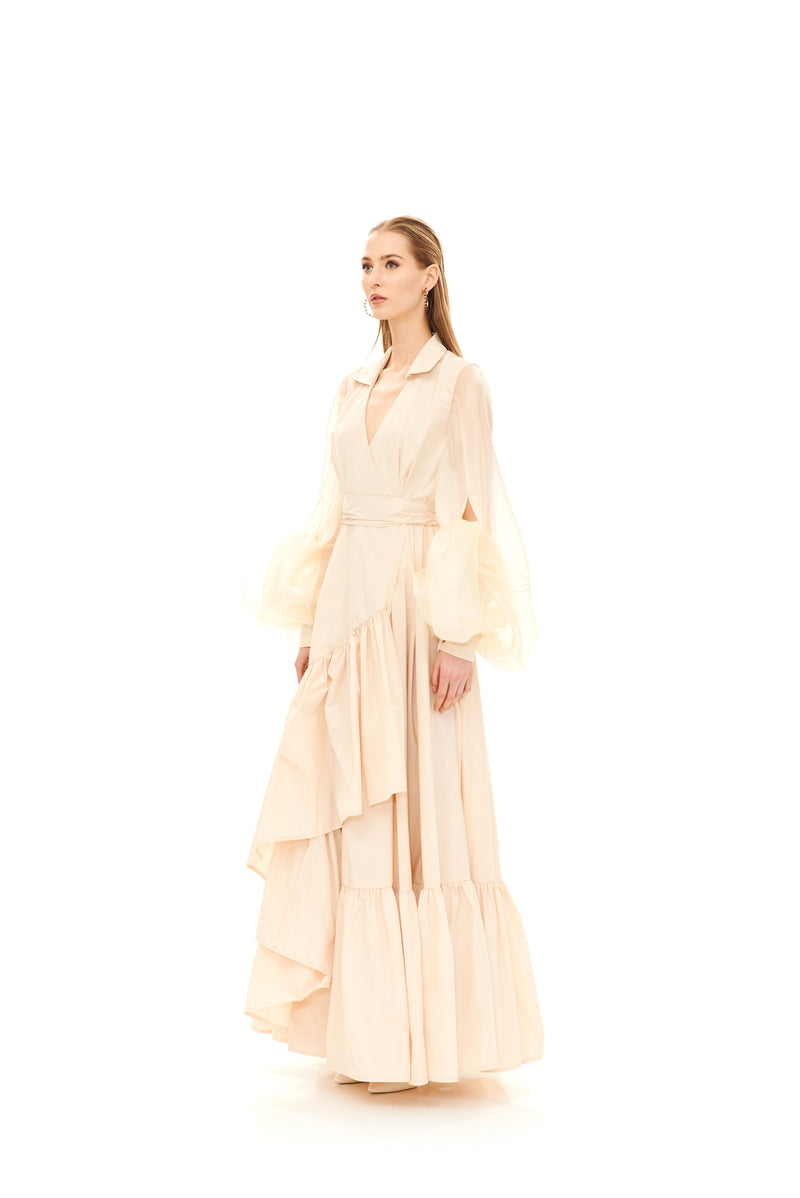MAXI RUFFLE CHEMISIER WITH KNOTTED SLEEVES