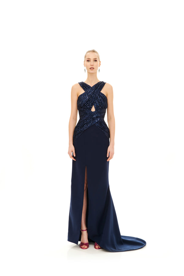 SEQUINED CROSS CUT-OUT MAXI GOWN
