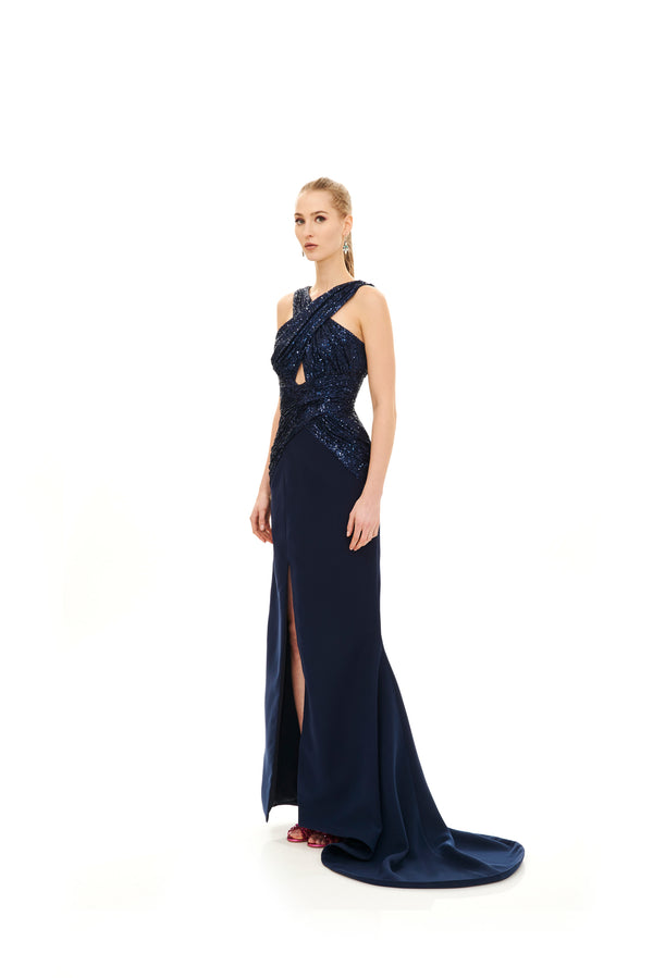 SEQUINED CROSS CUT-OUT MAXI GOWN