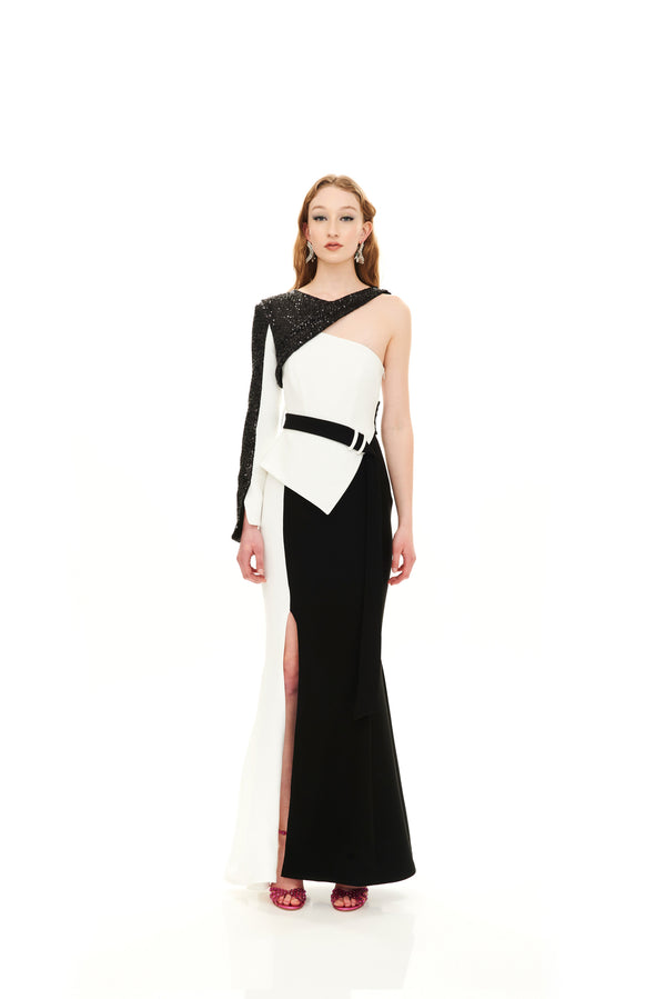 SEQUINS EMBELLISHED MONOSHOULDER MAXI DRESS WITH BELT