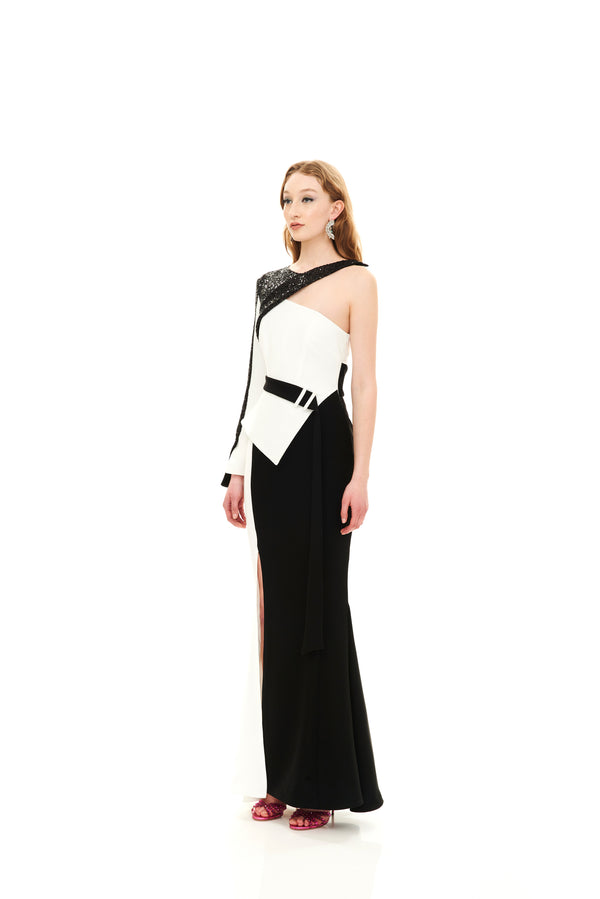 SEQUINS EMBELLISHED MONOSHOULDER MAXI DRESS WITH BELT