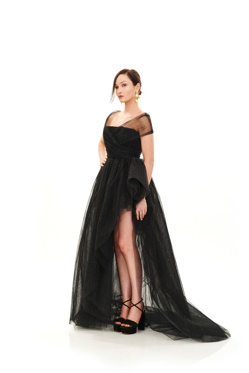 ASYMMETRIC LAYERED TULLE GOWN