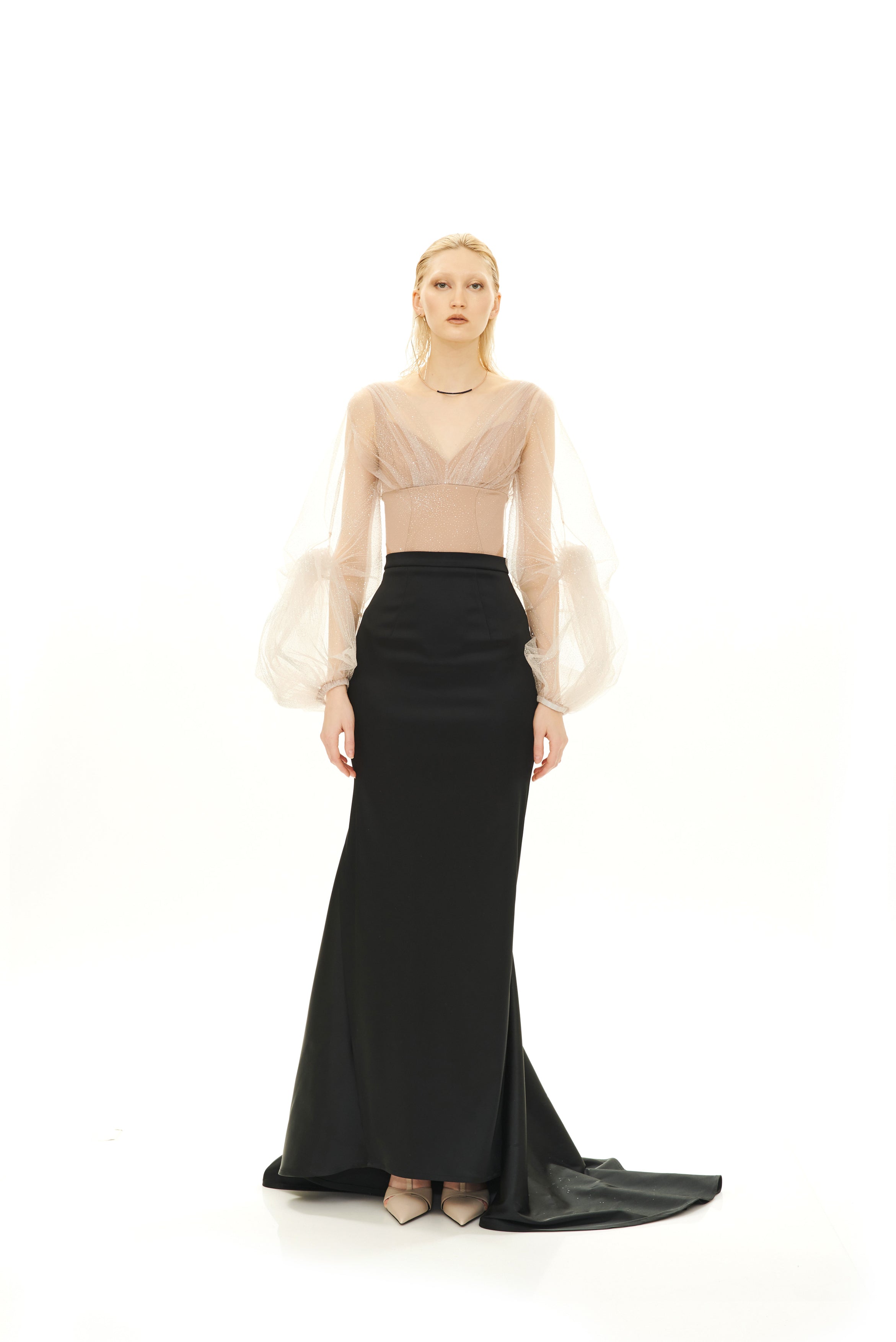 DRAPED GLITTER DRESS WITH KNOTTED SLEEVES