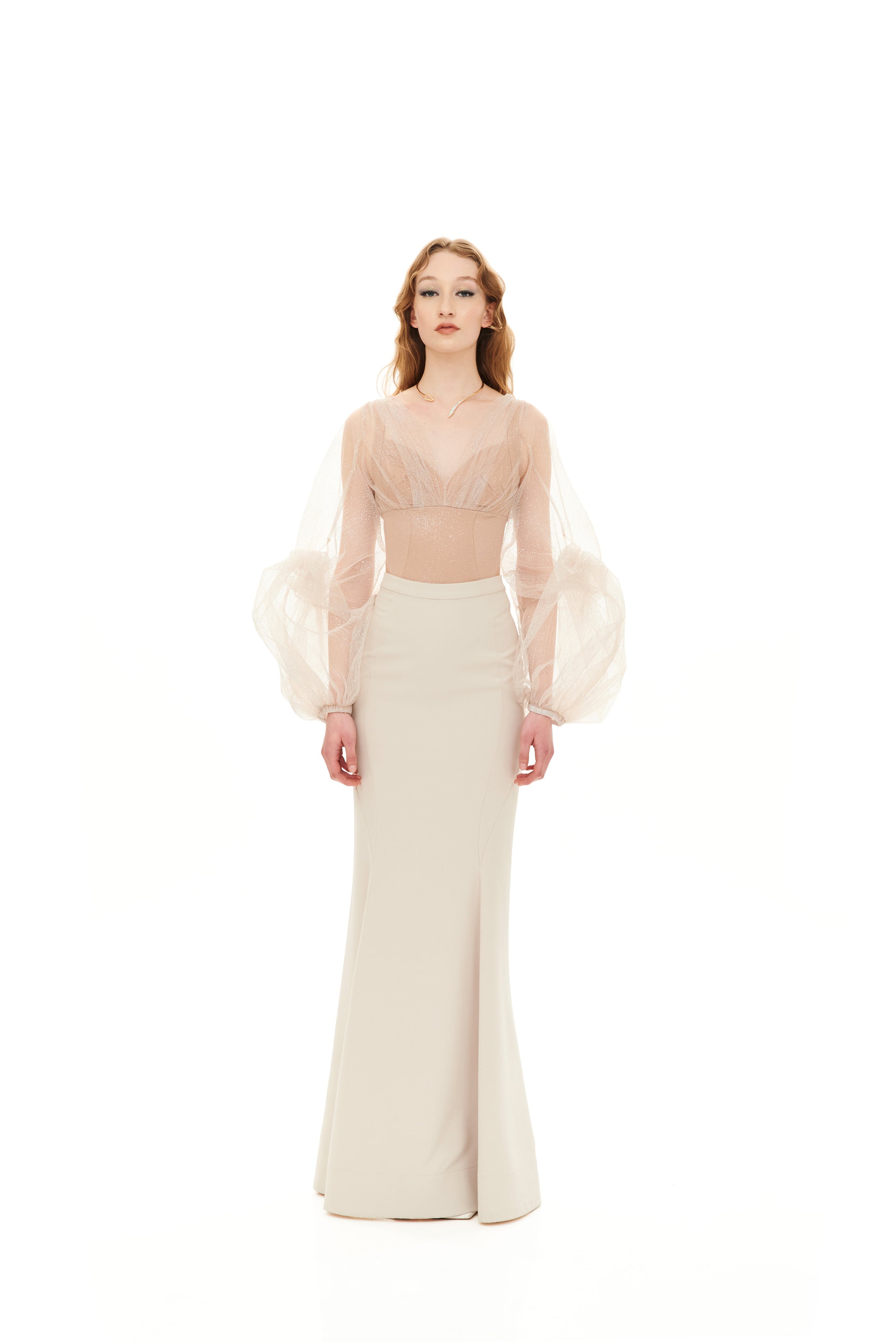 DRAPED GLITTER DRESS WITH KNOTTED SLEEVES
