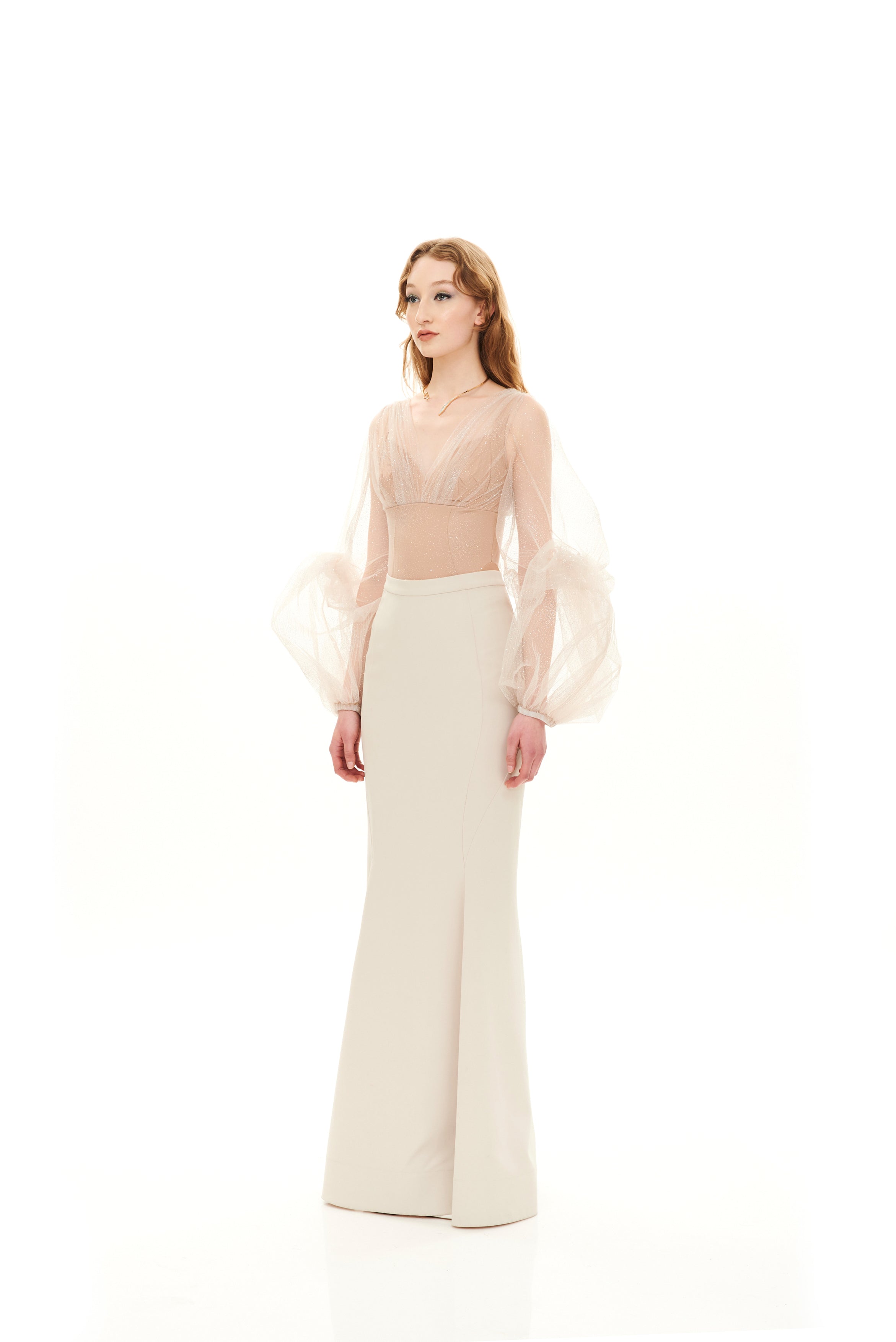 DRAPED GLITTER DRESS WITH KNOTTED SLEEVES