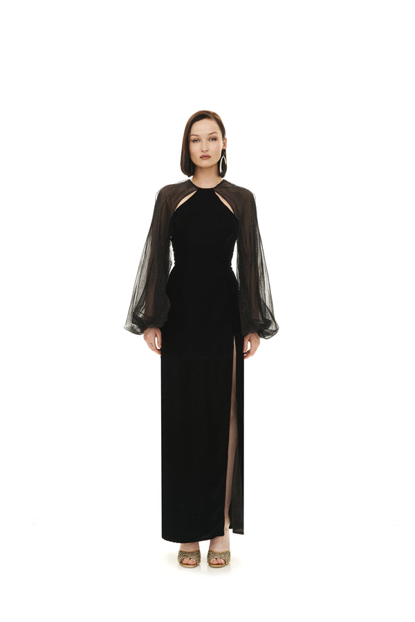 COLUMN MAXI DRESS WITH GLITTERED PLEATED SLEEVE