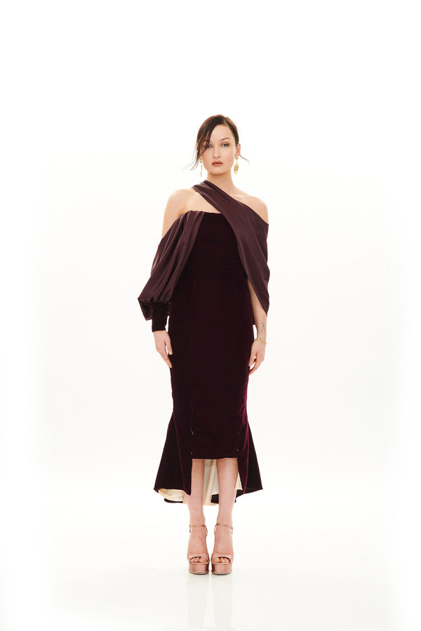 COLUMN MIDI DRESS WITH ASYMMETRIC DRAPED SHAWL