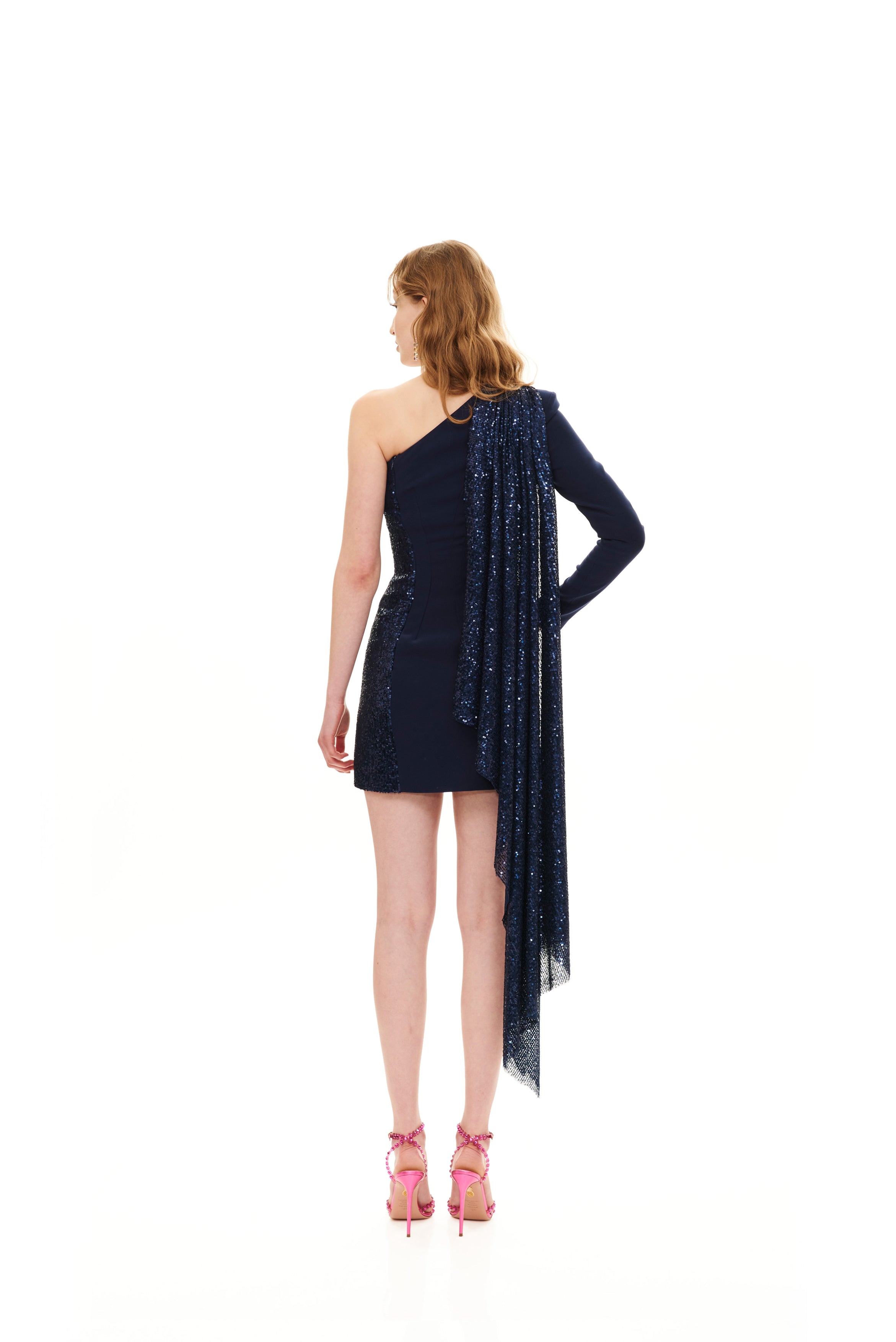 RUCHED ASYMMETRIC SEQUINED SHORT DRESS