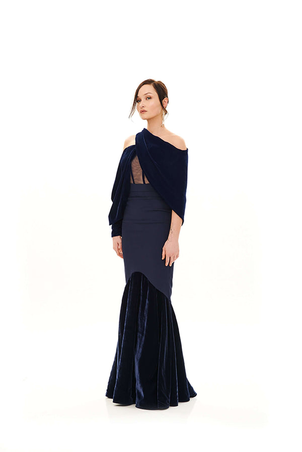 ASYMMETRIC DRAPED SHAWL MERMAID DRESS