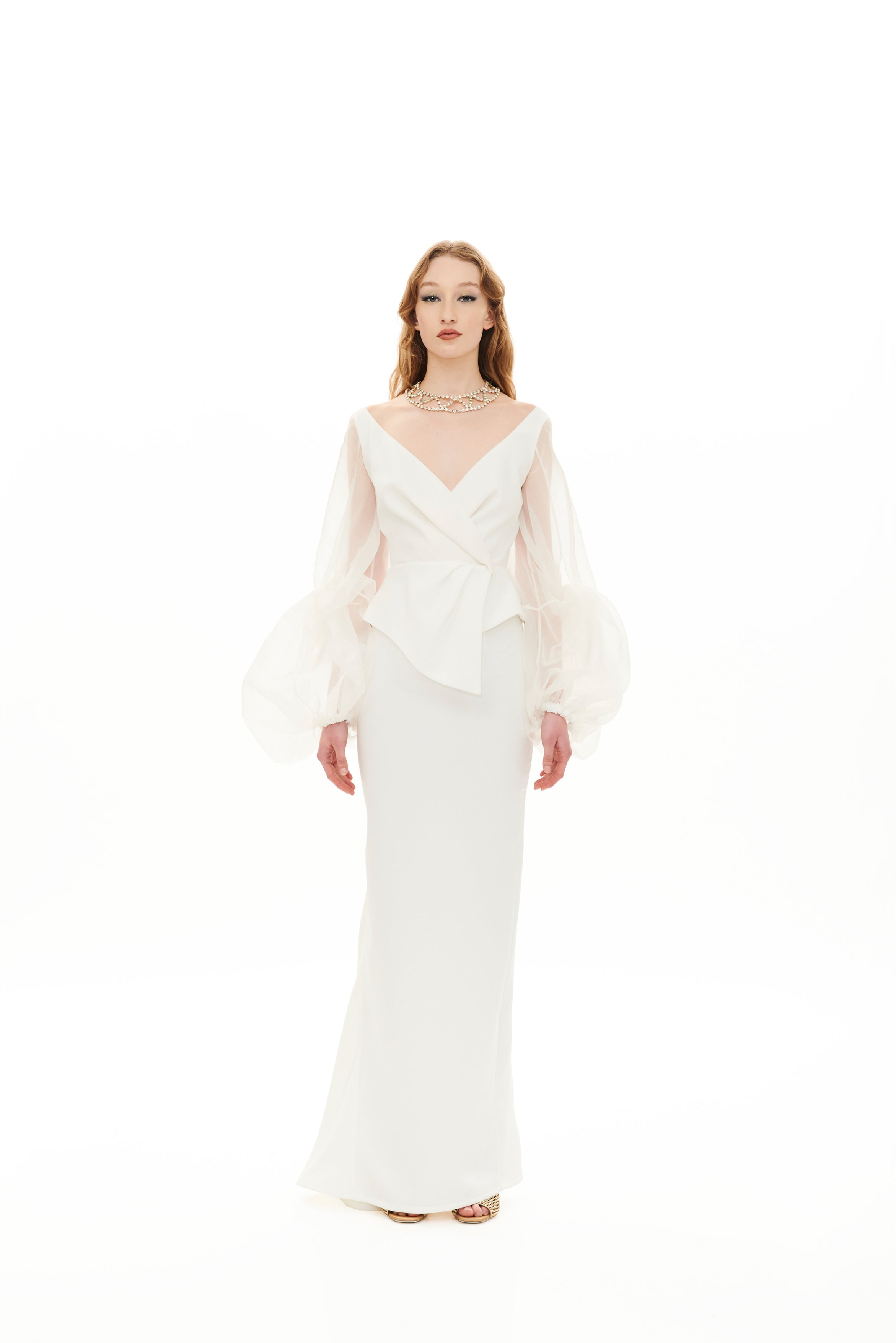 V-NECK PLEATED MAXI DRESS WITH KNOT SLEEVES