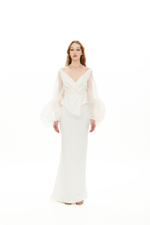 V-NECK PLEATED MAXI DRESS WITH KNOT SLEEVES