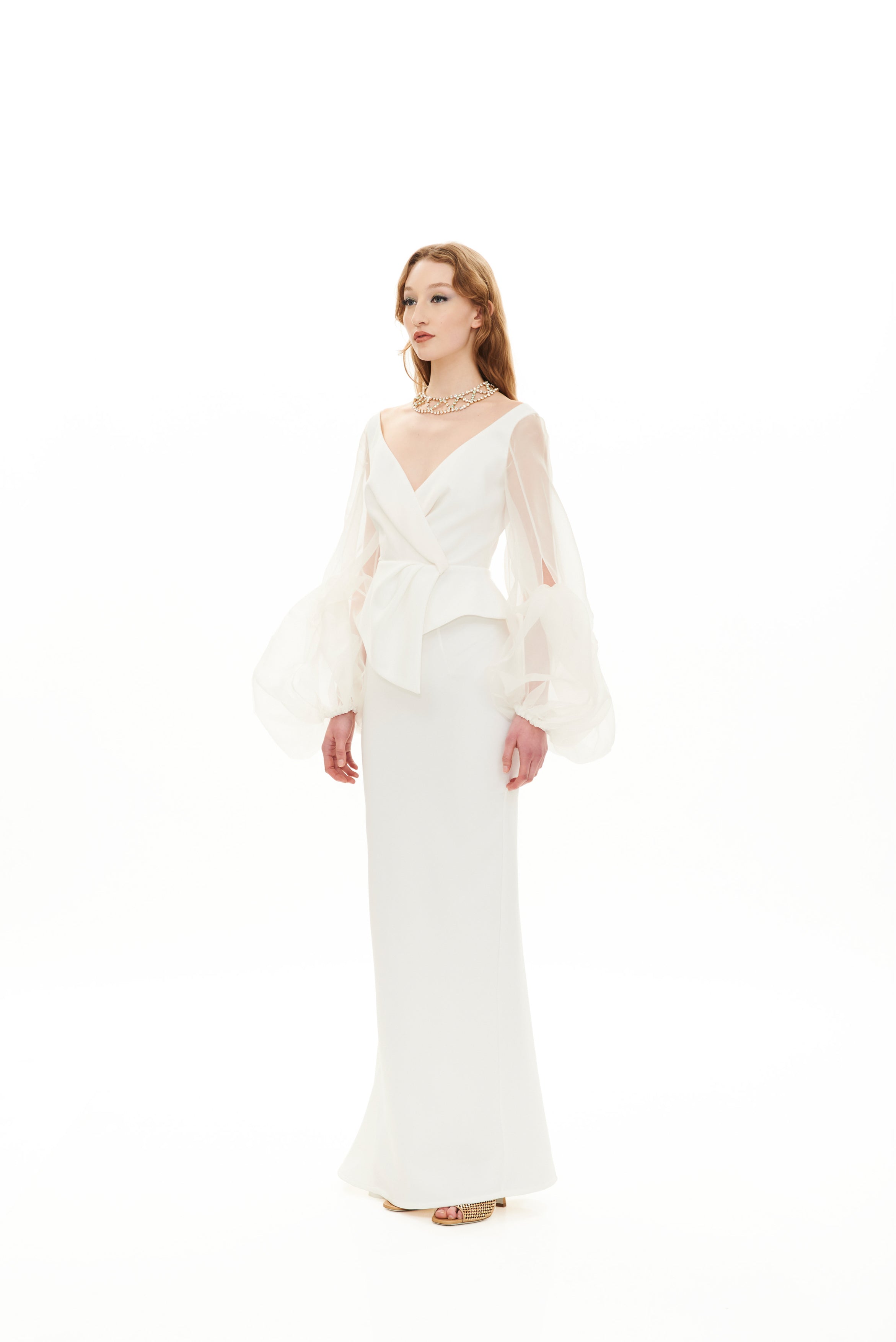 V-NECK PLEATED MAXI DRESS WITH KNOT SLEEVES