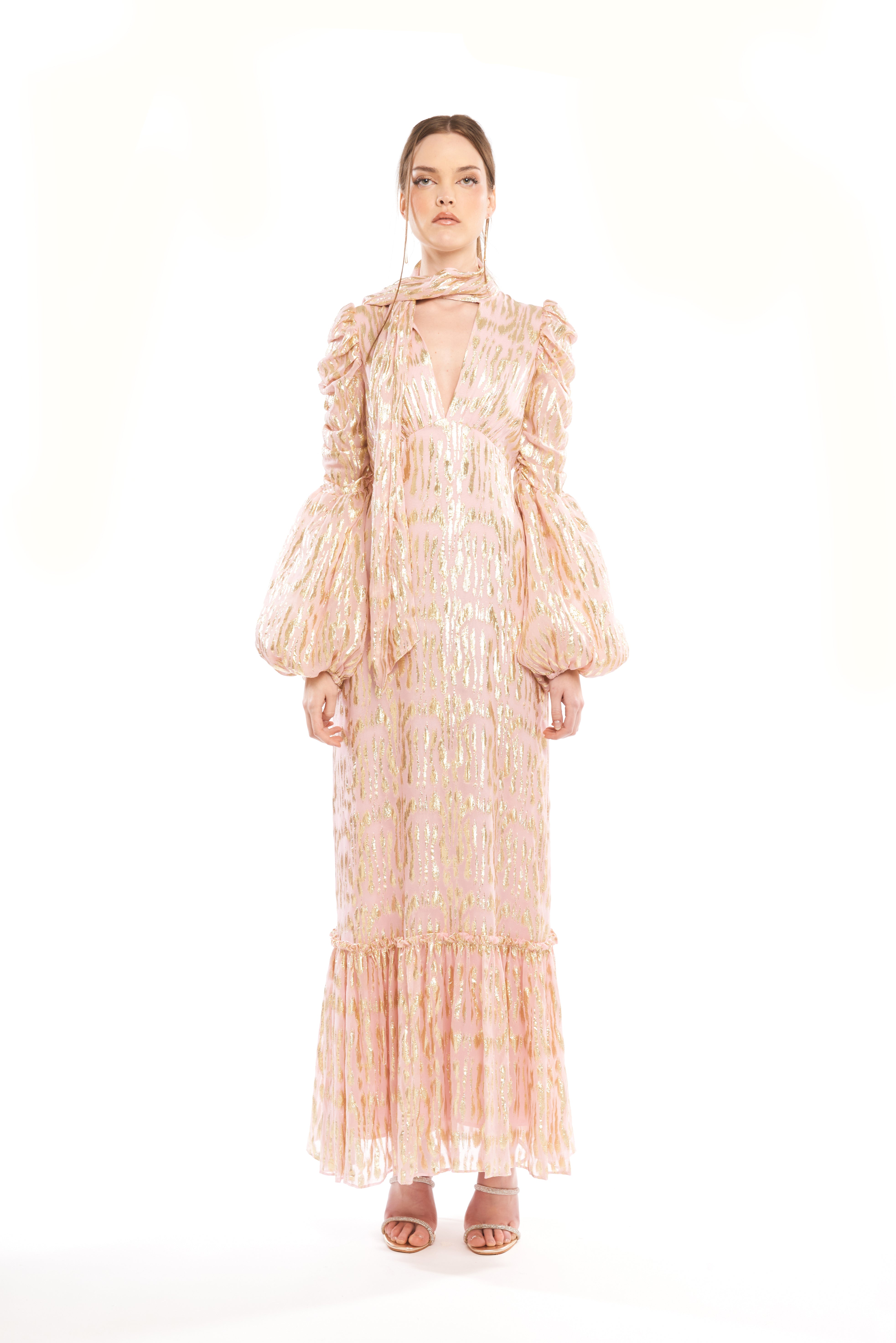 LONG CHEMISIER WITH PLEATED SLEEVES WITH BOW NECK