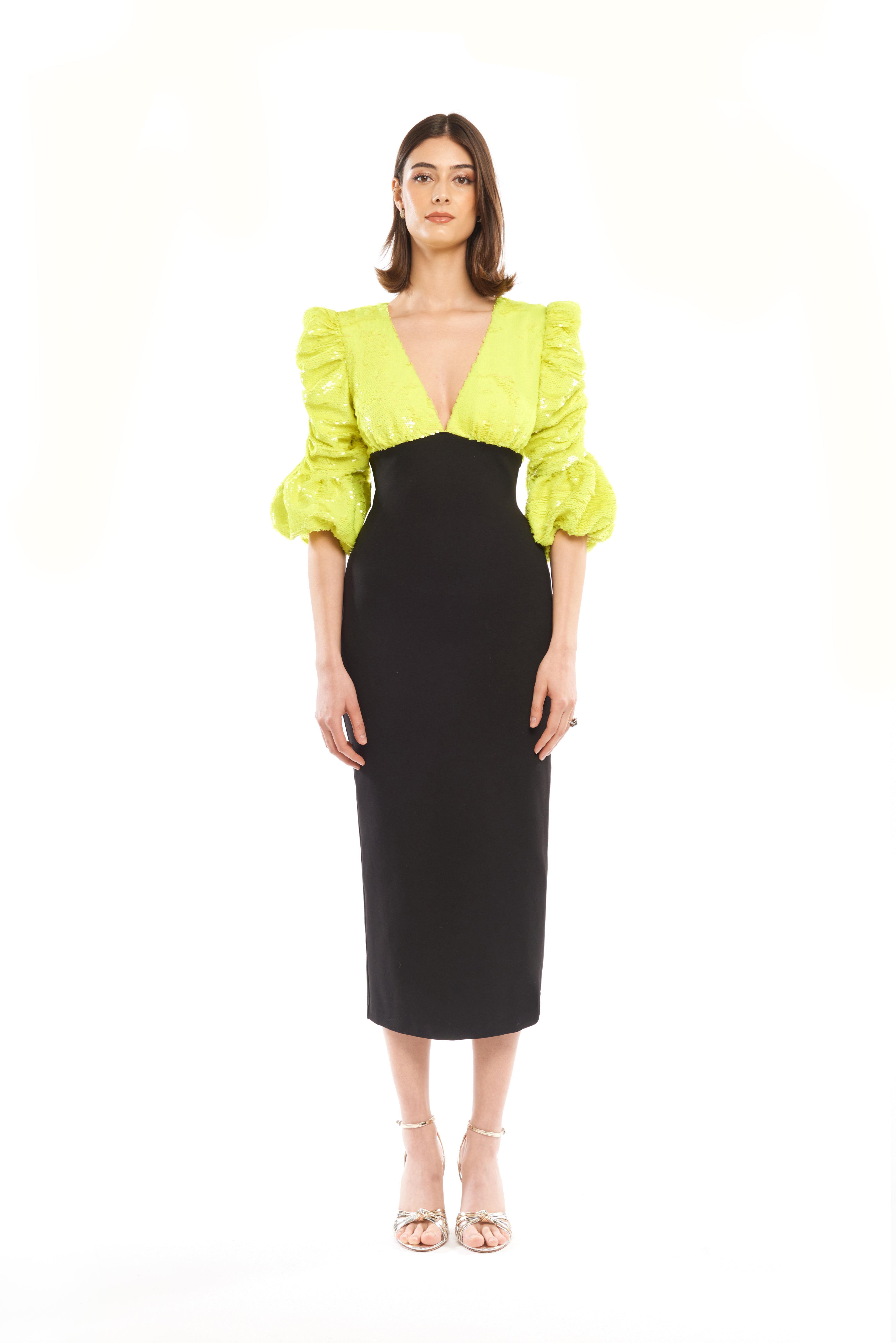 V-NECK SEQUINNED MIDI DRESS WITH PLEATED SLEEVES