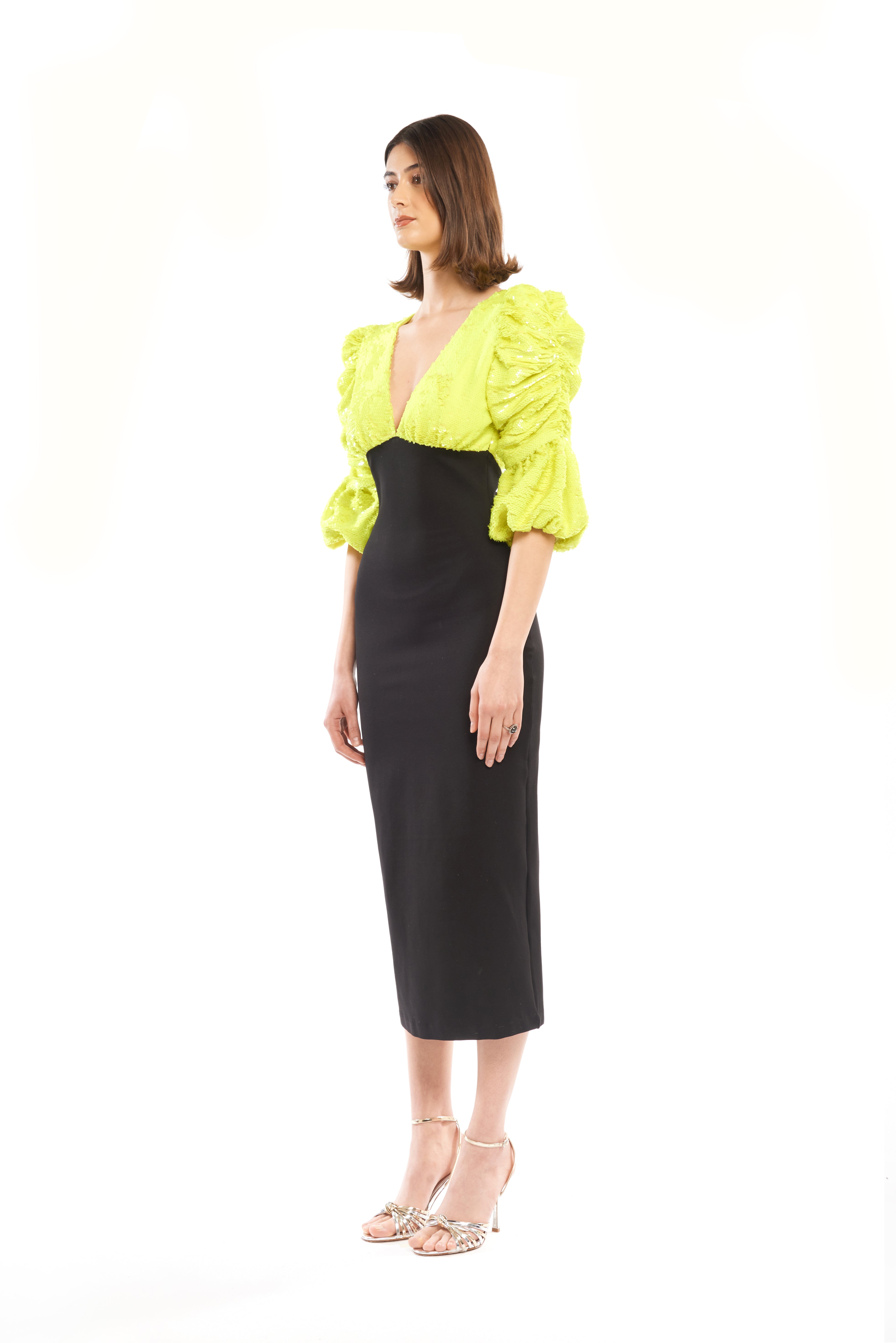 V-NECK SEQUINNED MIDI DRESS WITH PLEATED SLEEVES