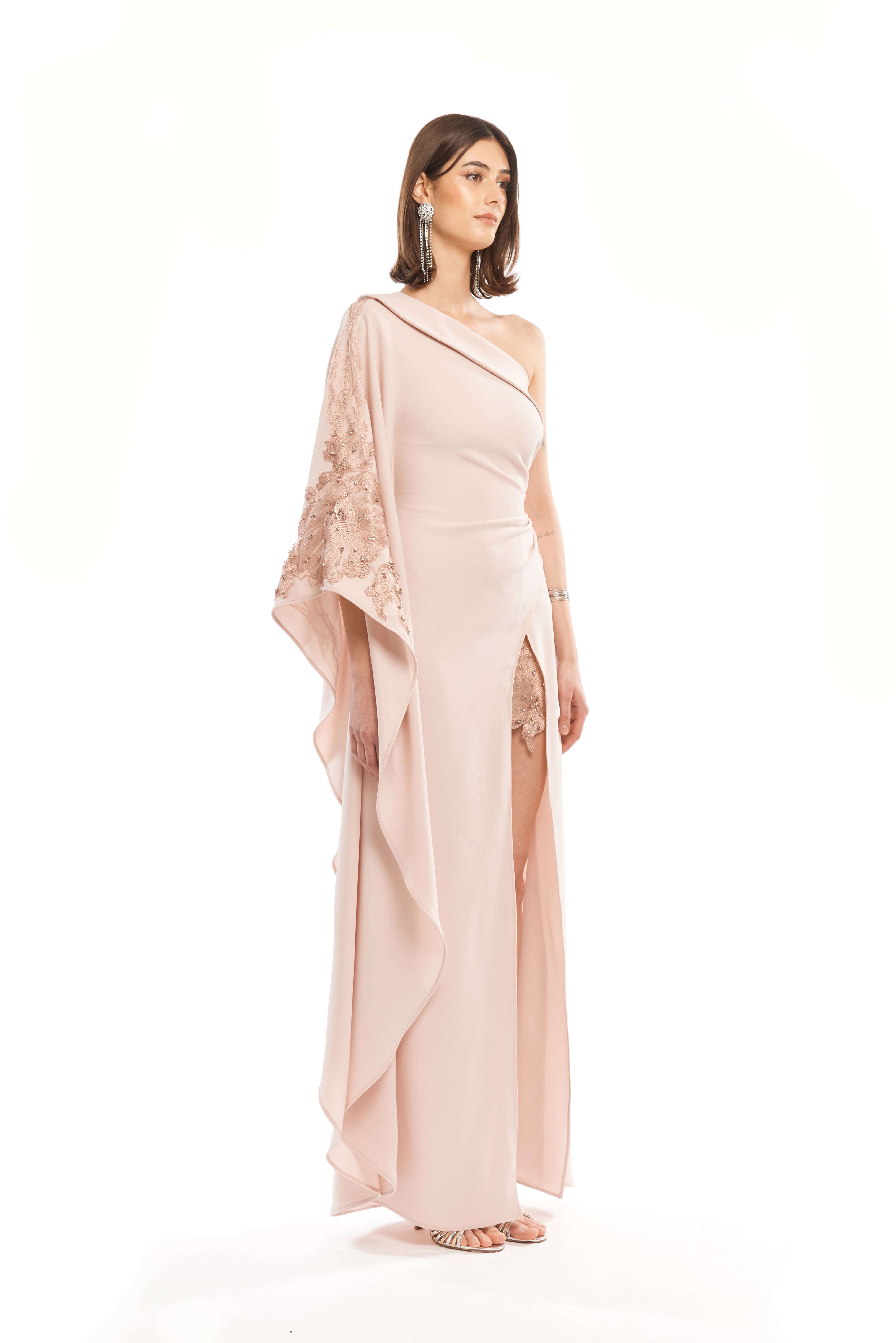 MONOSHOULDER DRAPED ANGEL WING MAXI DRESS WITH EMBELLISHMENT