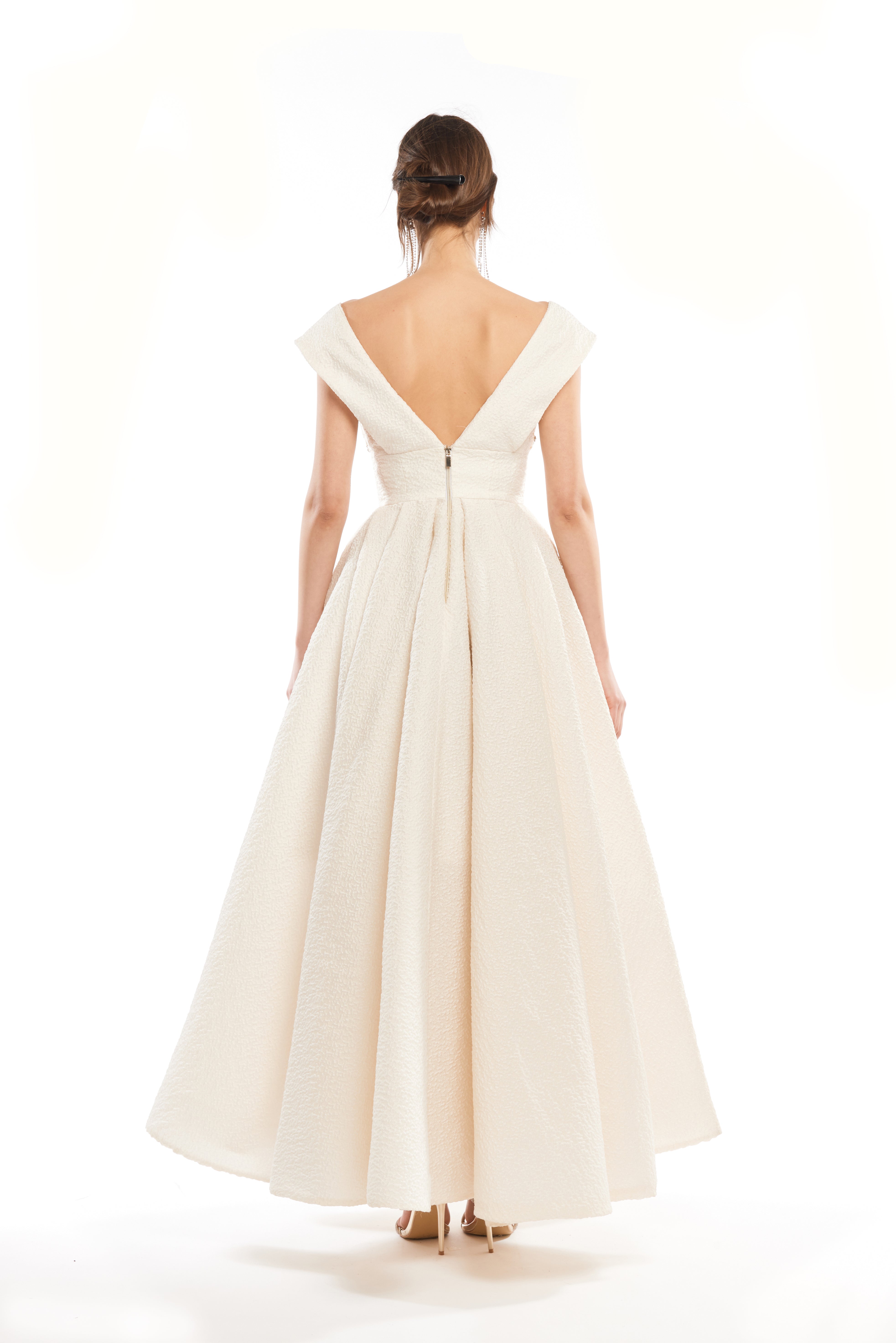 V-NECK BALL GOWN WITH EMBELLISHED CORSET