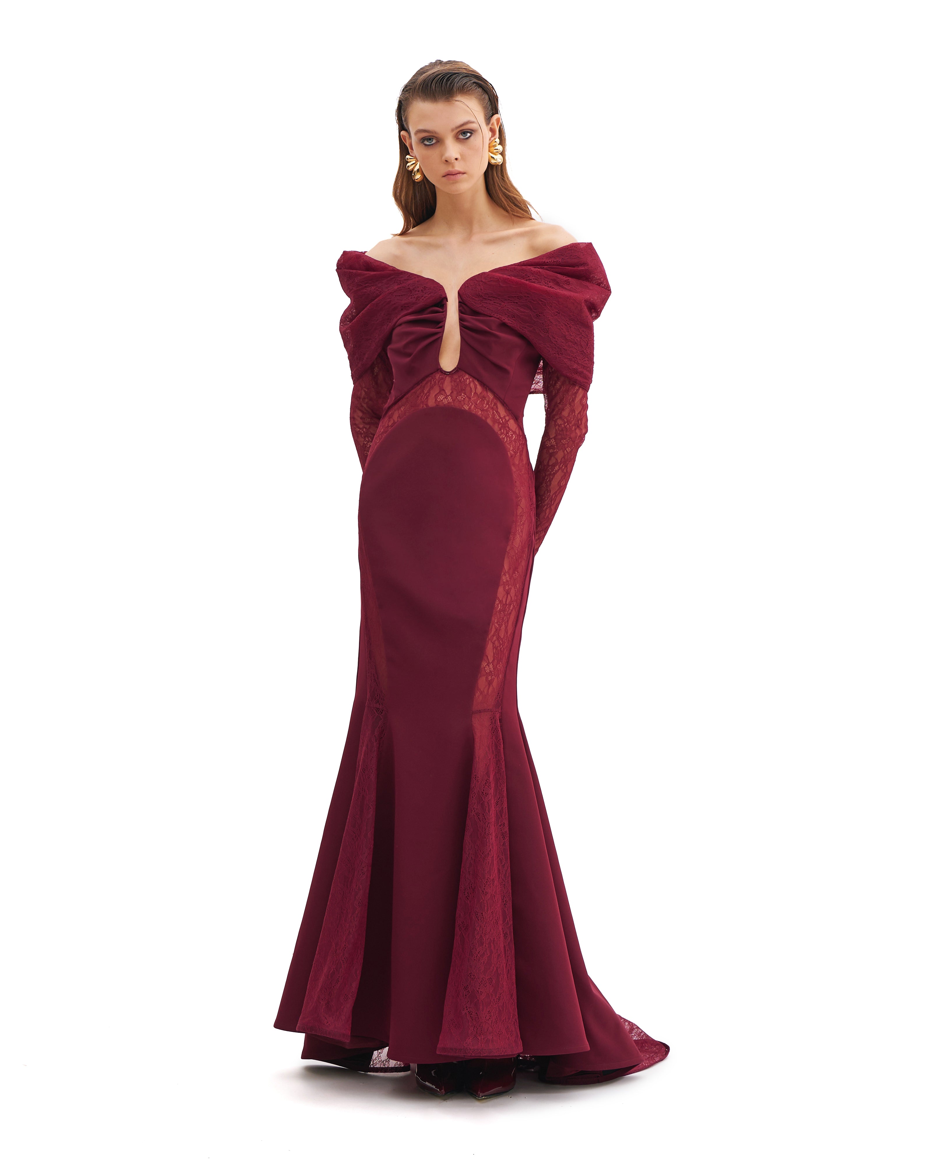 OFF-SHOULDER MERMAID DRESS WITH LACE INSERTS AND LONG SLEEVES