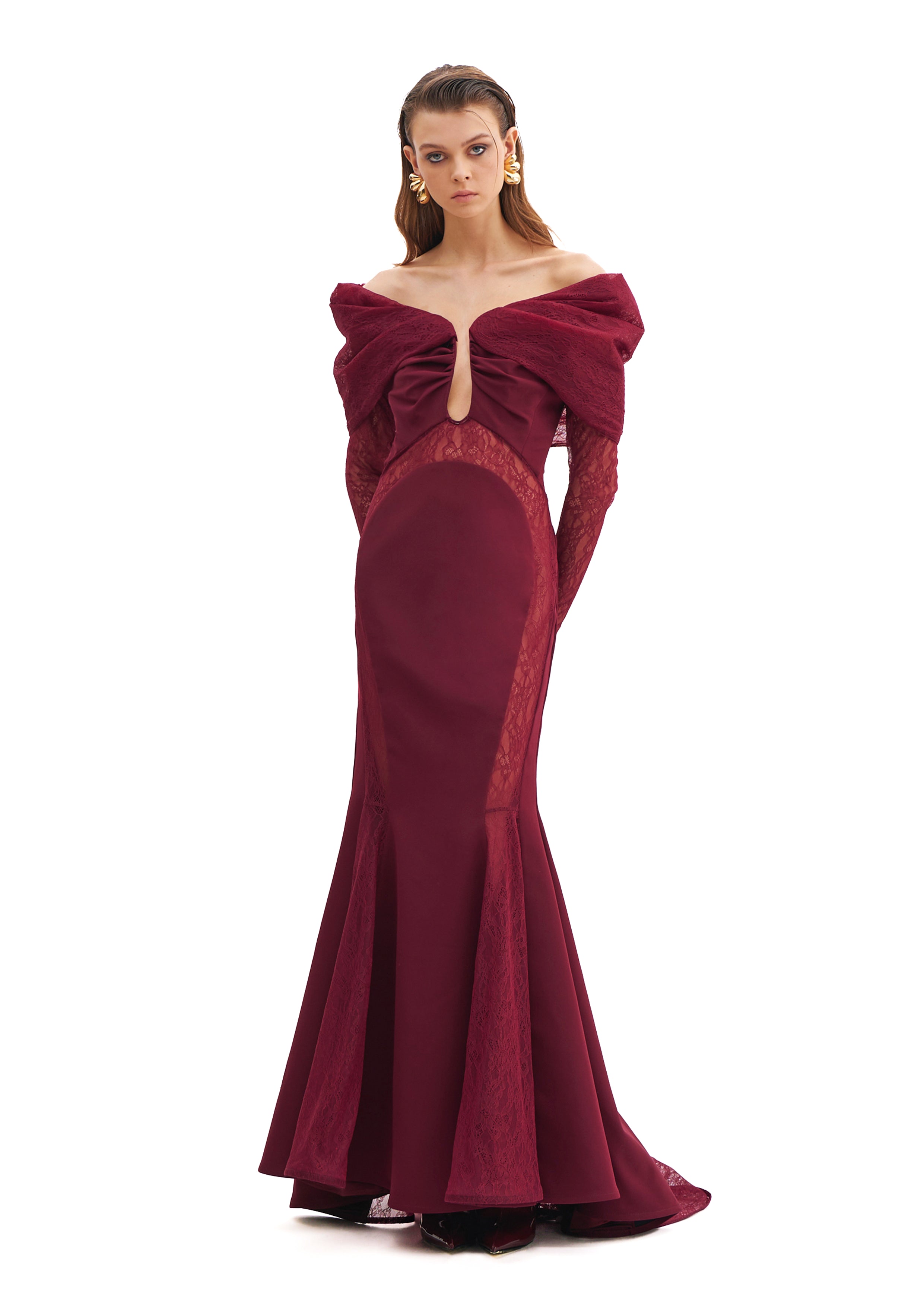 OFF-SHOULDER MERMAID DRESS WITH LACE INSERTS AND LONG SLEEVES