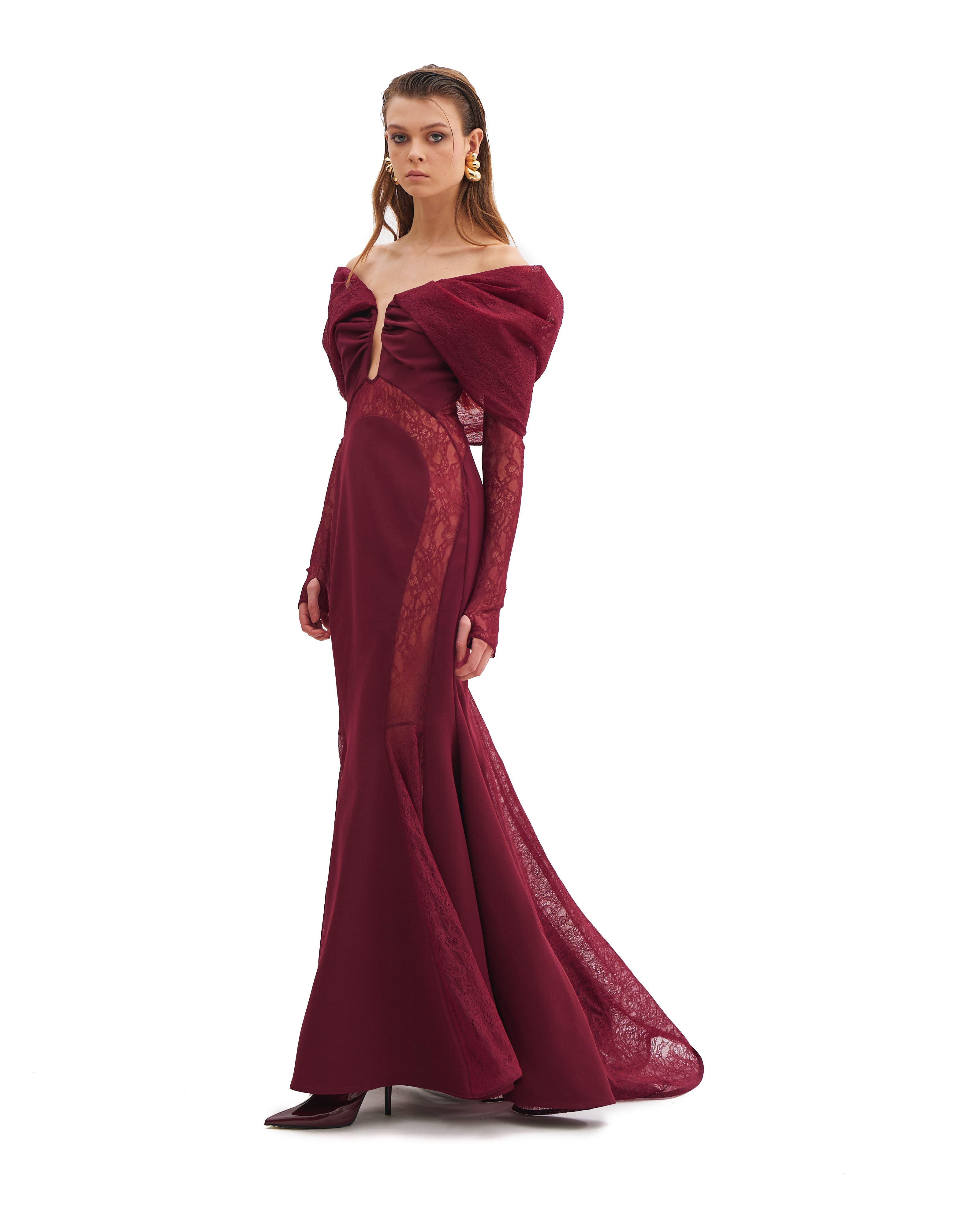 OFF-SHOULDER MERMAID DRESS WITH LACE INSERTS AND LONG SLEEVES