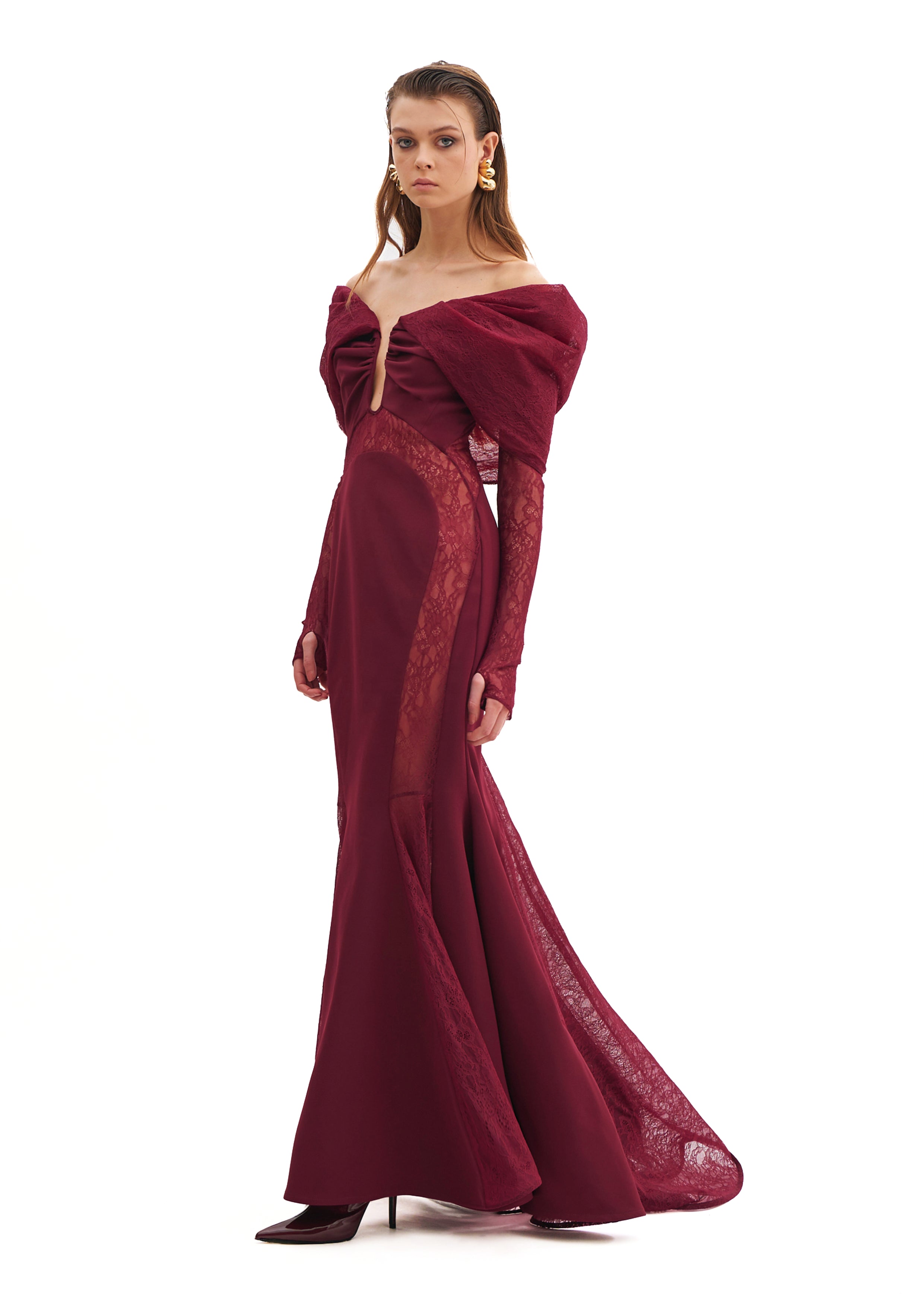 OFF-SHOULDER MERMAID DRESS WITH LACE INSERTS AND LONG SLEEVES