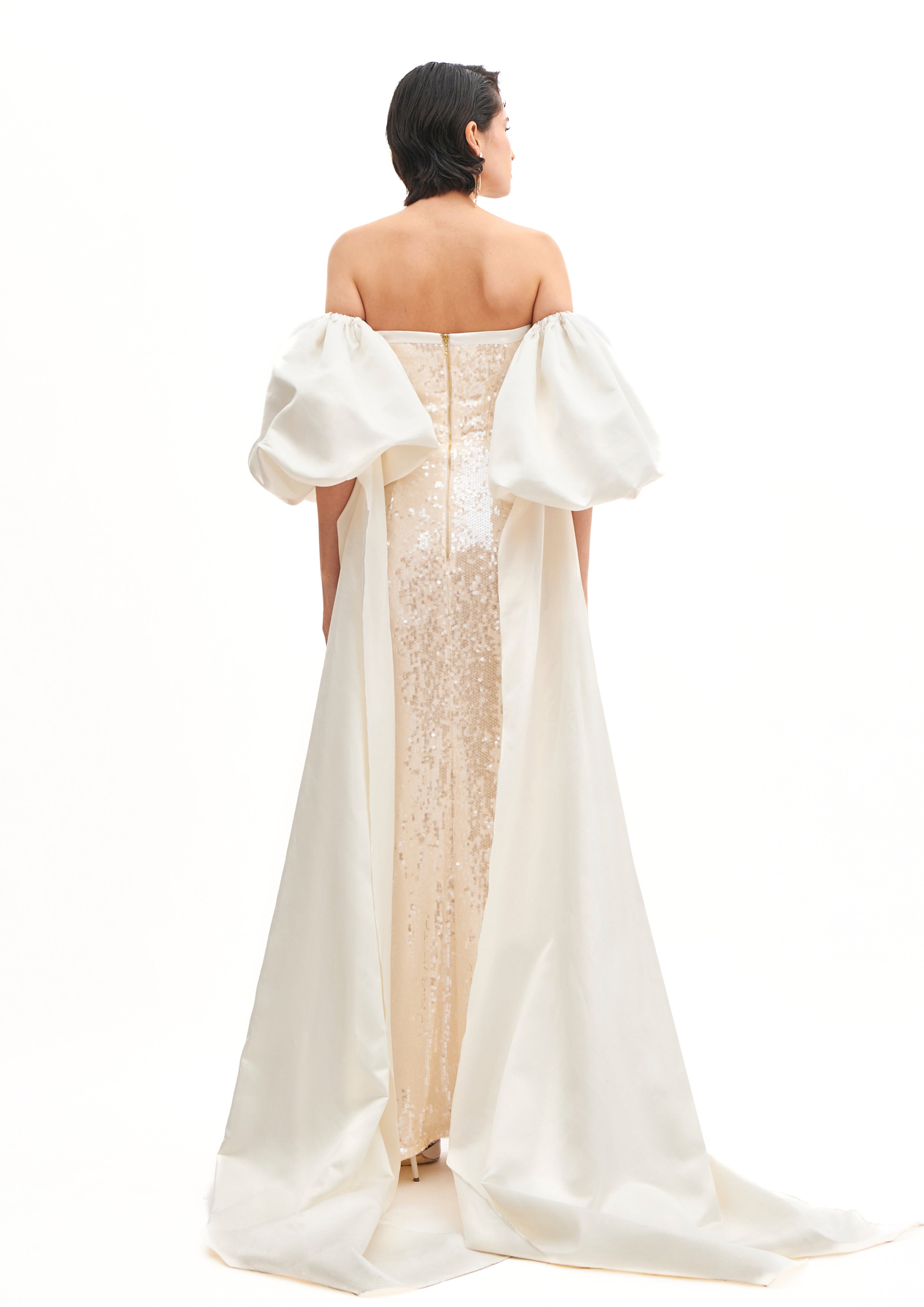 SILHOUETTE DRESS WITH CASCADE SLEEVES