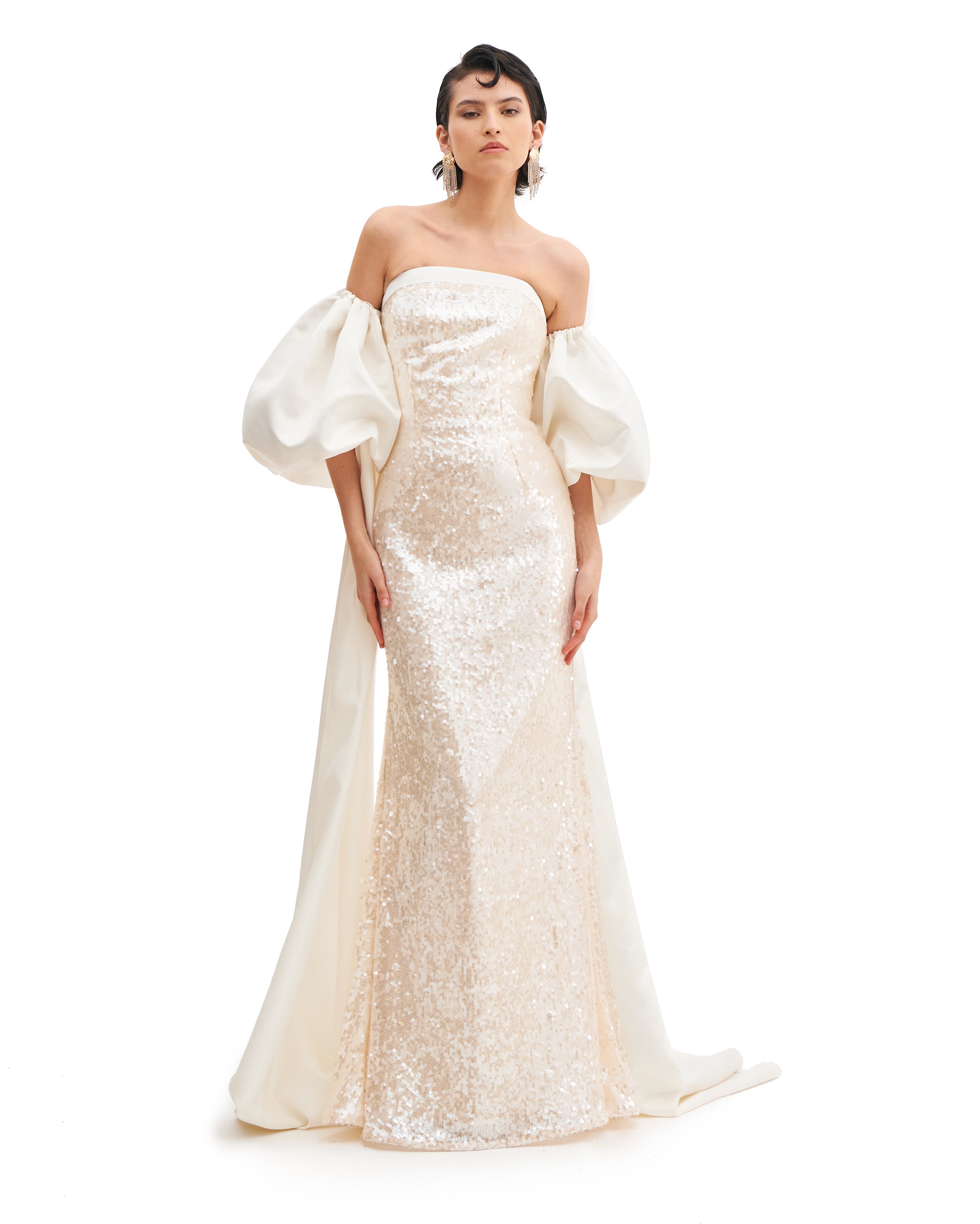 SILHOUETTE DRESS WITH CASCADE SLEEVES