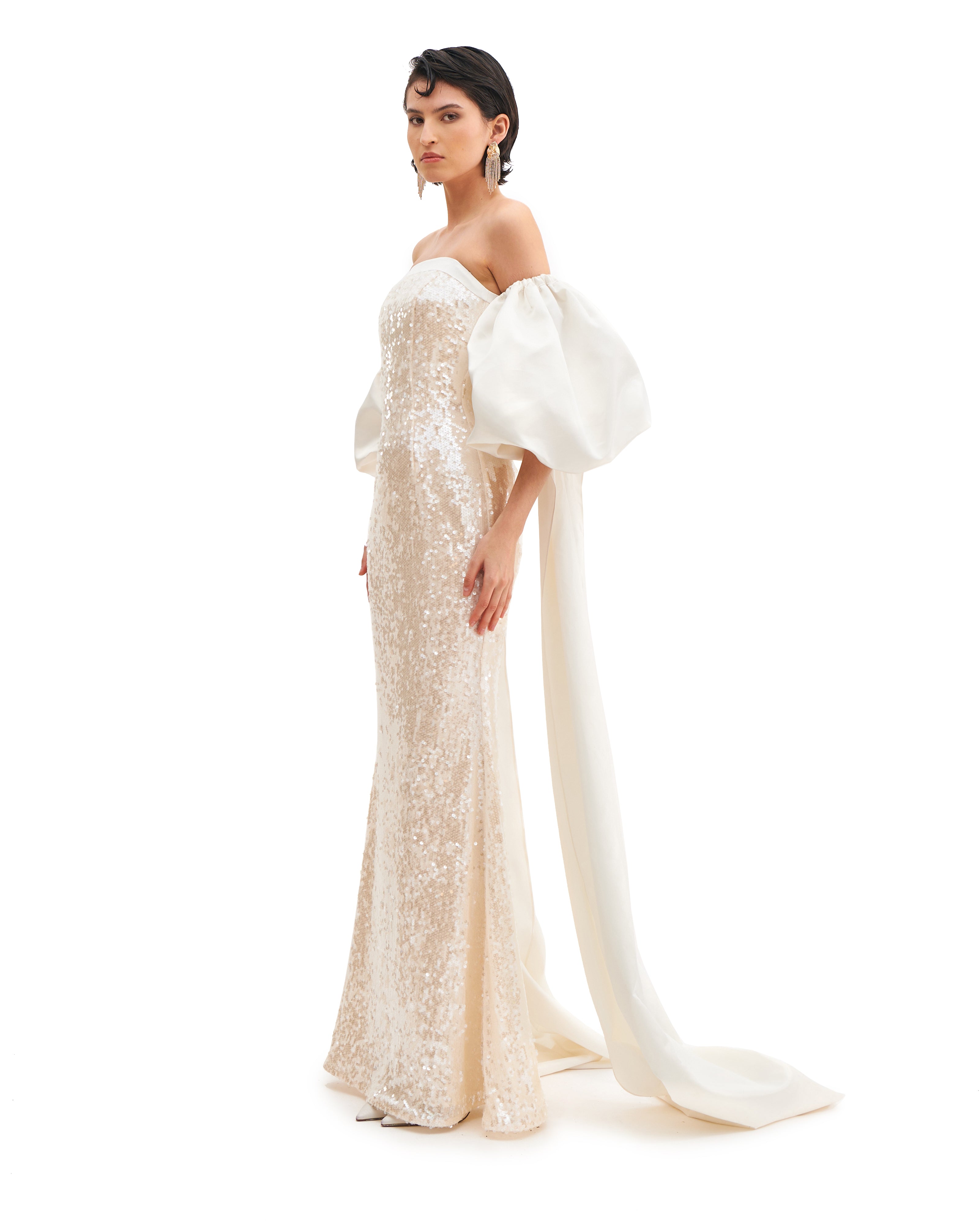 SILHOUETTE DRESS WITH CASCADE SLEEVES