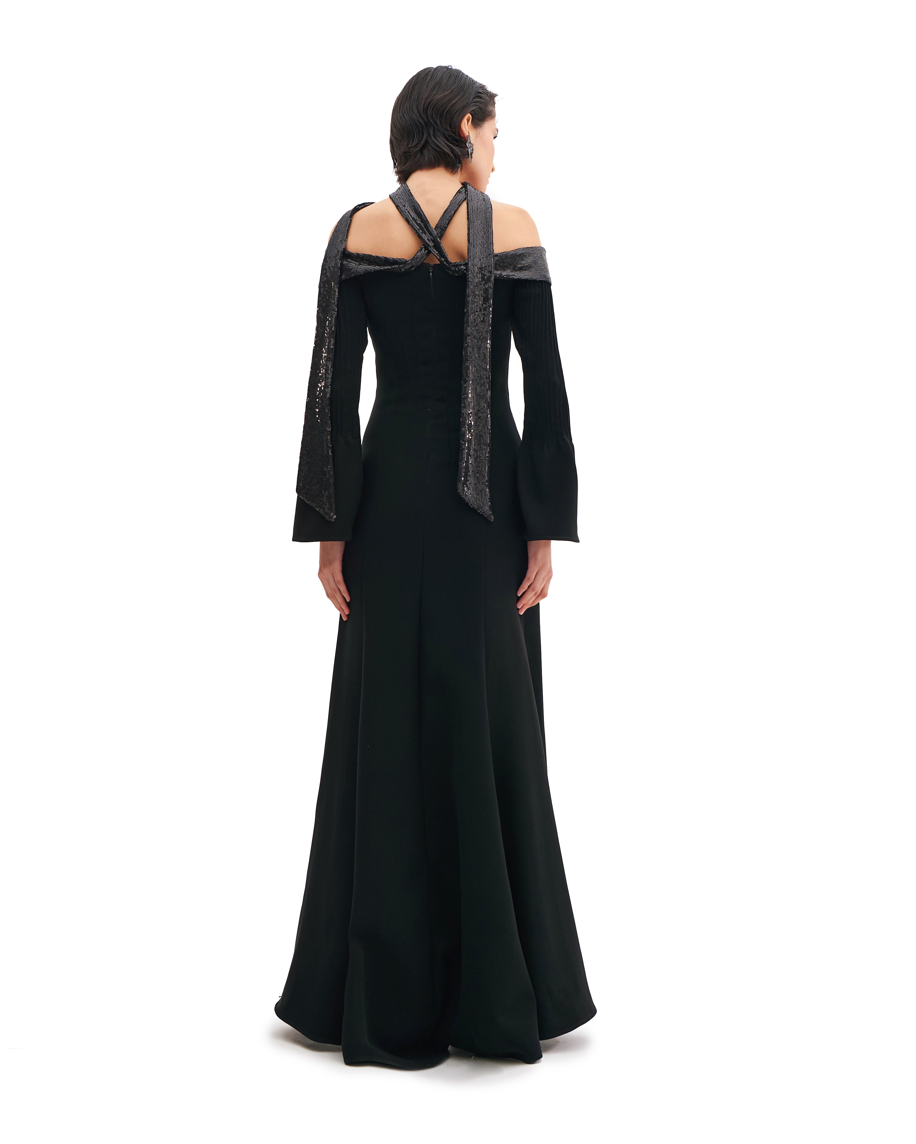 OFF-SHOULDER MAXI DRESS WITH SEQUINS AND LONG SLEEVES