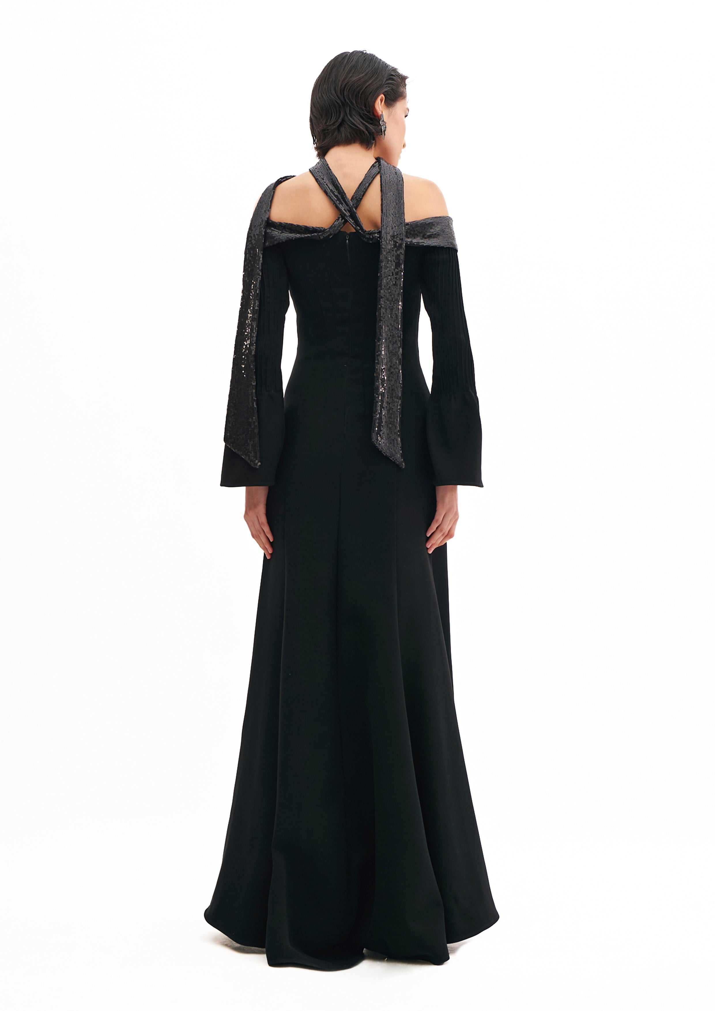 OFF-SHOULDER MAXI DRESS WITH SEQUINS AND LONG SLEEVES