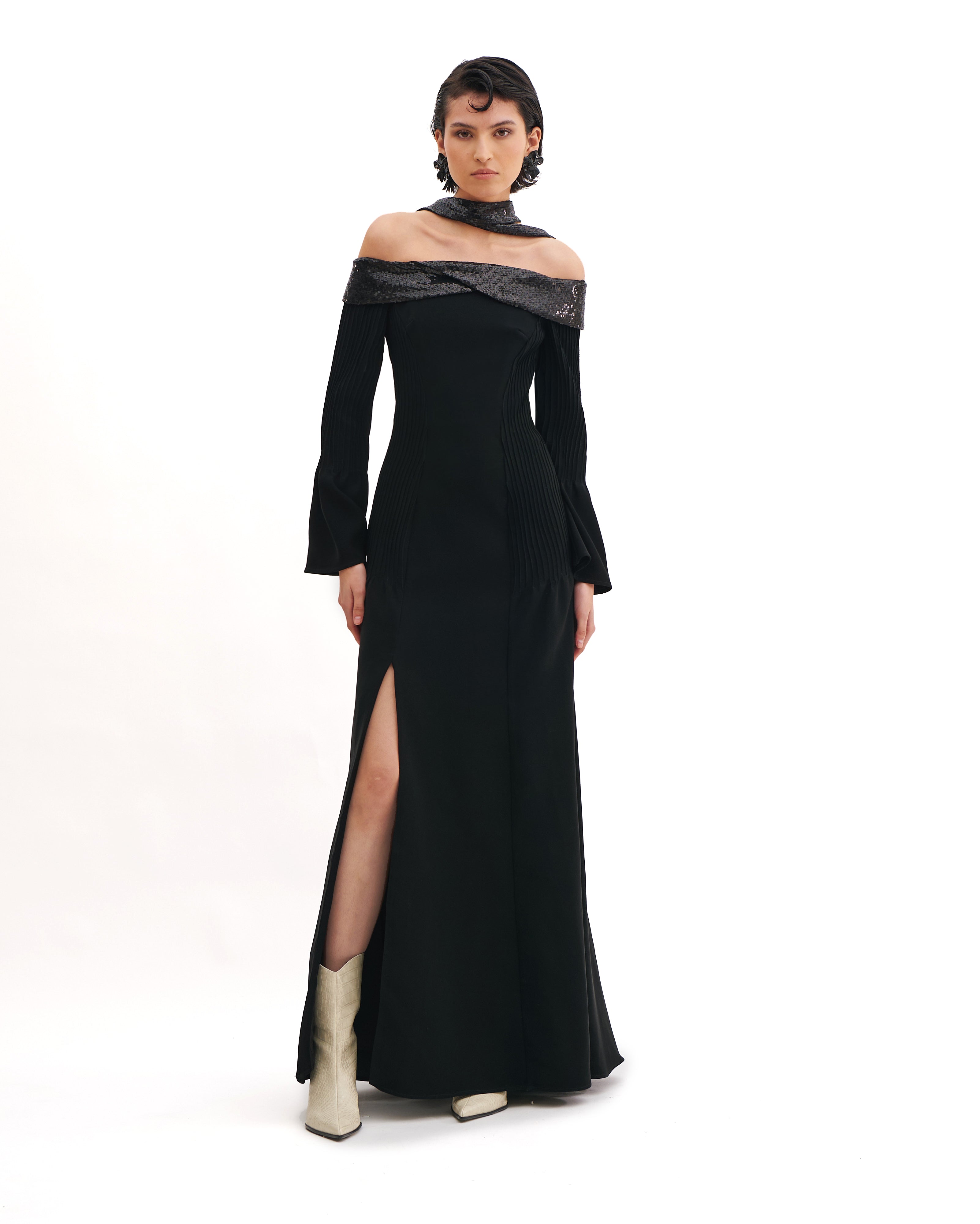 OFF-SHOULDER MAXI DRESS WITH SEQUINS AND LONG SLEEVES