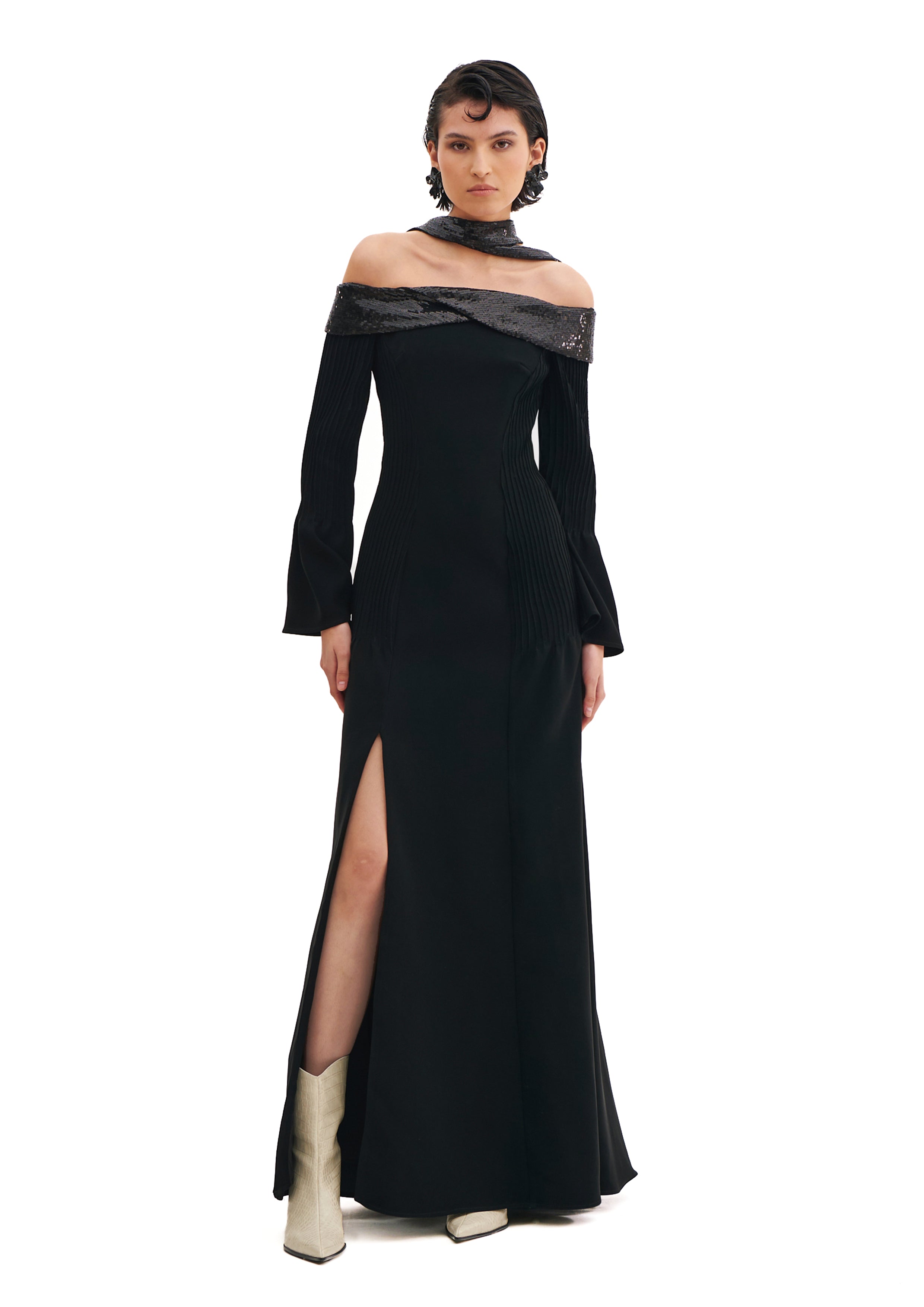 OFF-SHOULDER MAXI DRESS WITH SEQUINS AND LONG SLEEVES