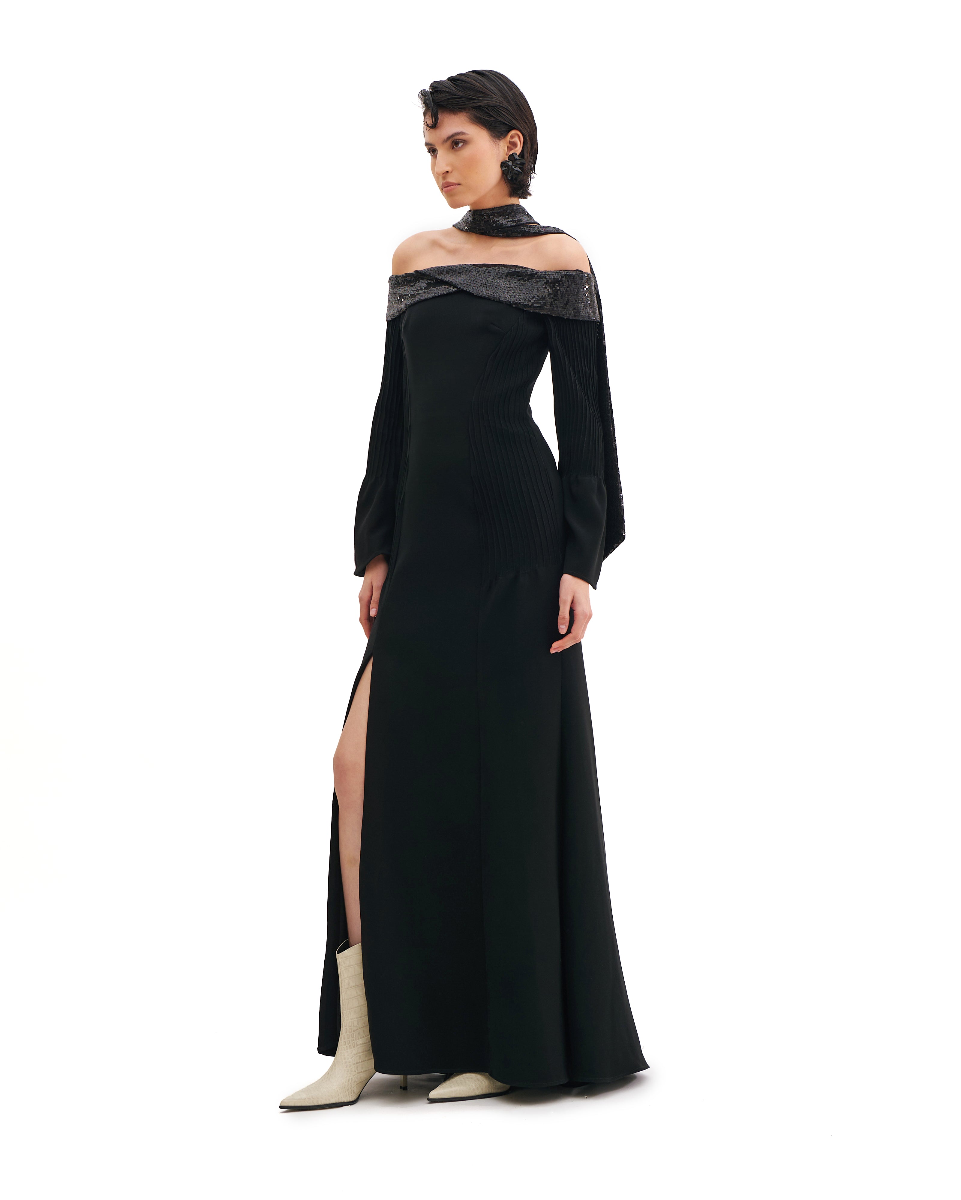 OFF-SHOULDER MAXI DRESS WITH SEQUINS AND LONG SLEEVES