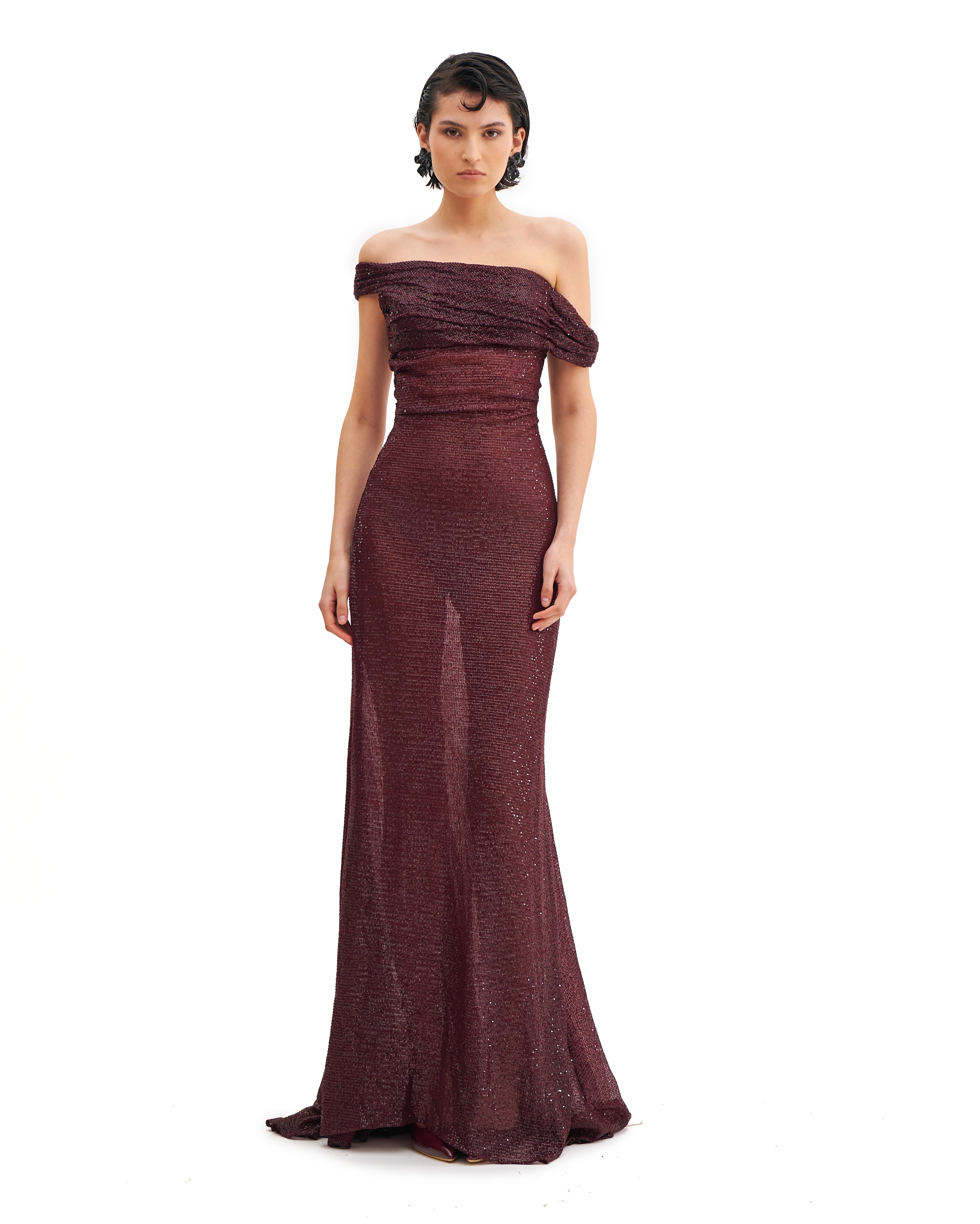 OFF-THE-SHOULDER CRYSTAL MAXI DRESS