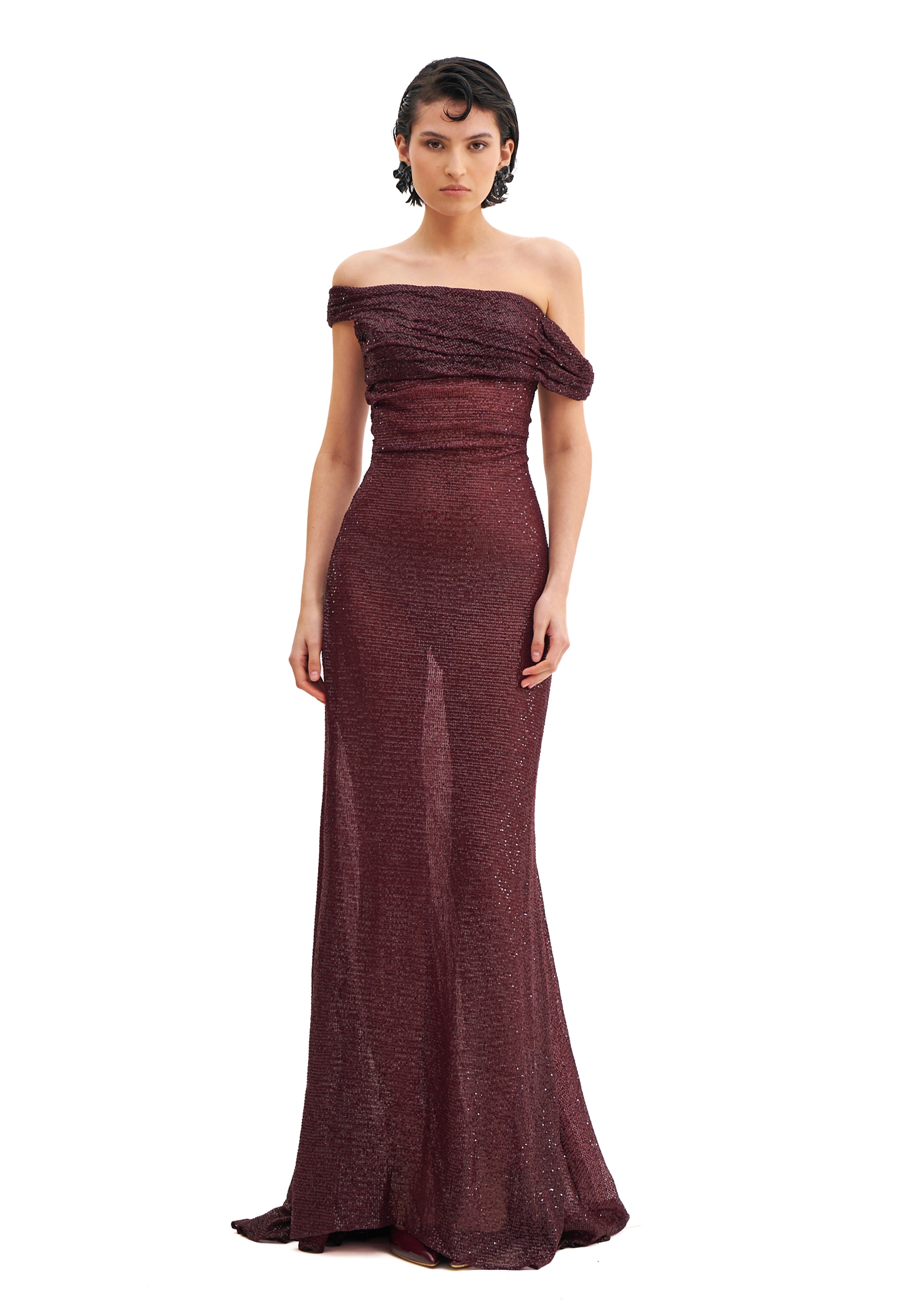 OFF-THE-SHOULDER CRYSTAL MAXI DRESS