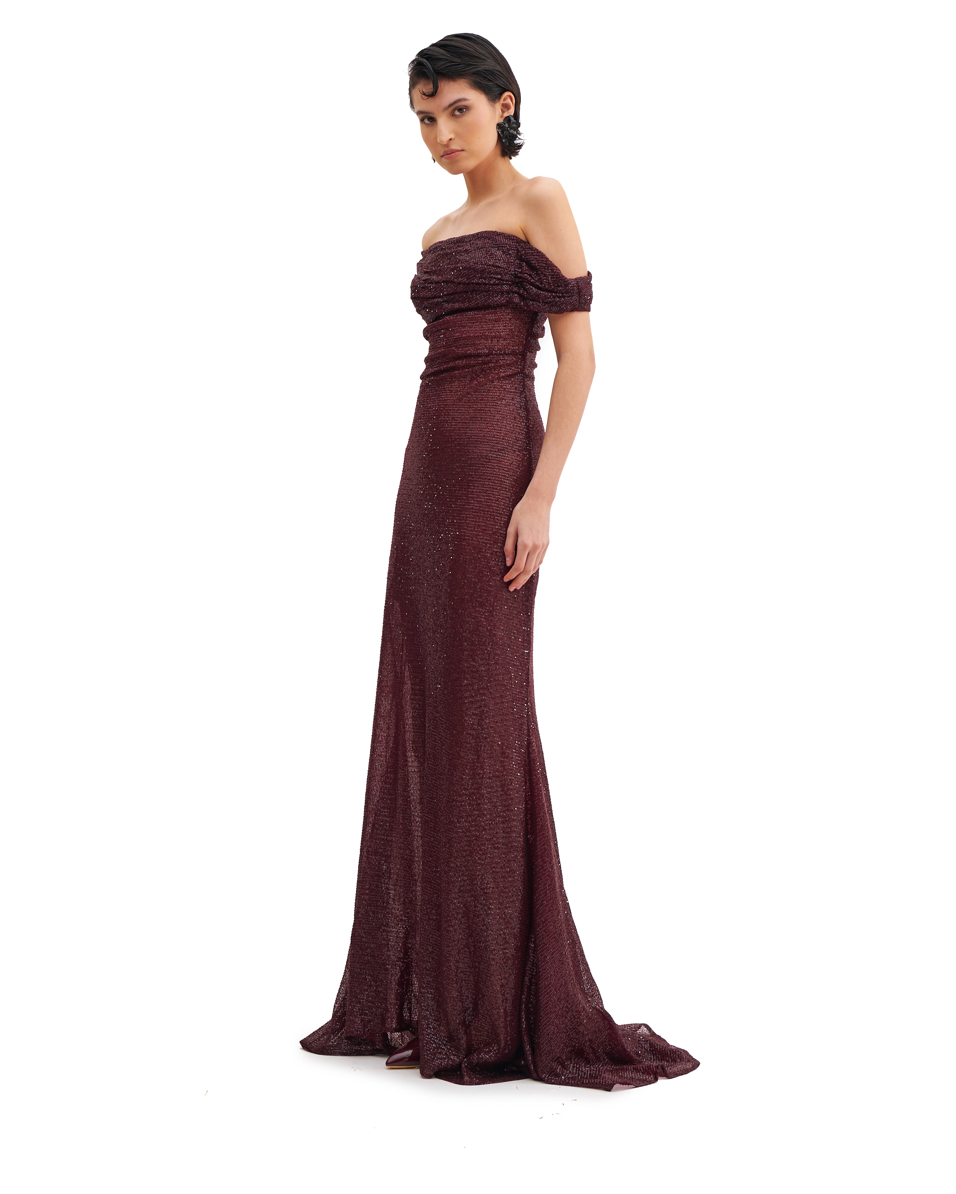 OFF-THE-SHOULDER CRYSTAL MAXI DRESS