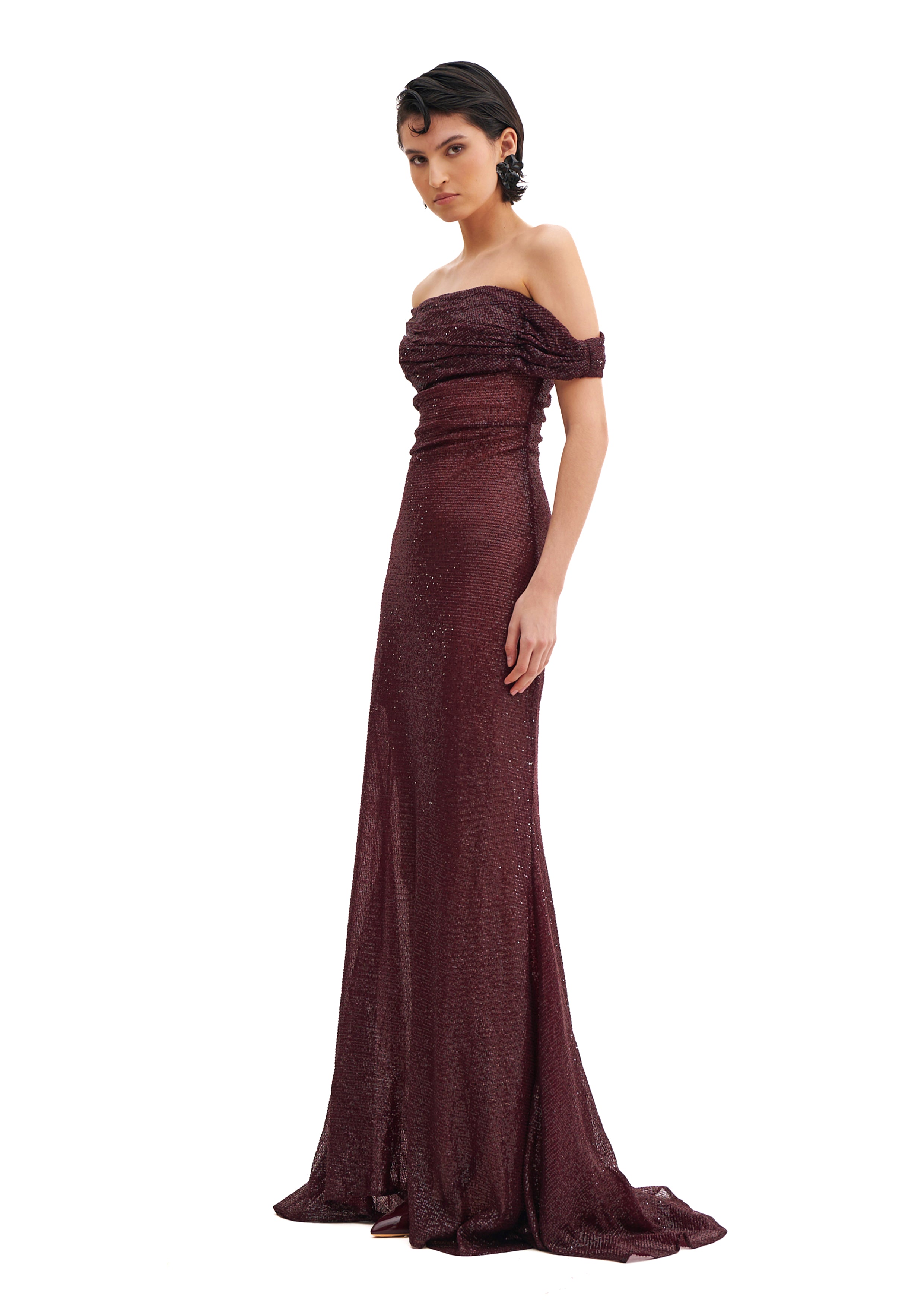 OFF-THE-SHOULDER CRYSTAL MAXI DRESS
