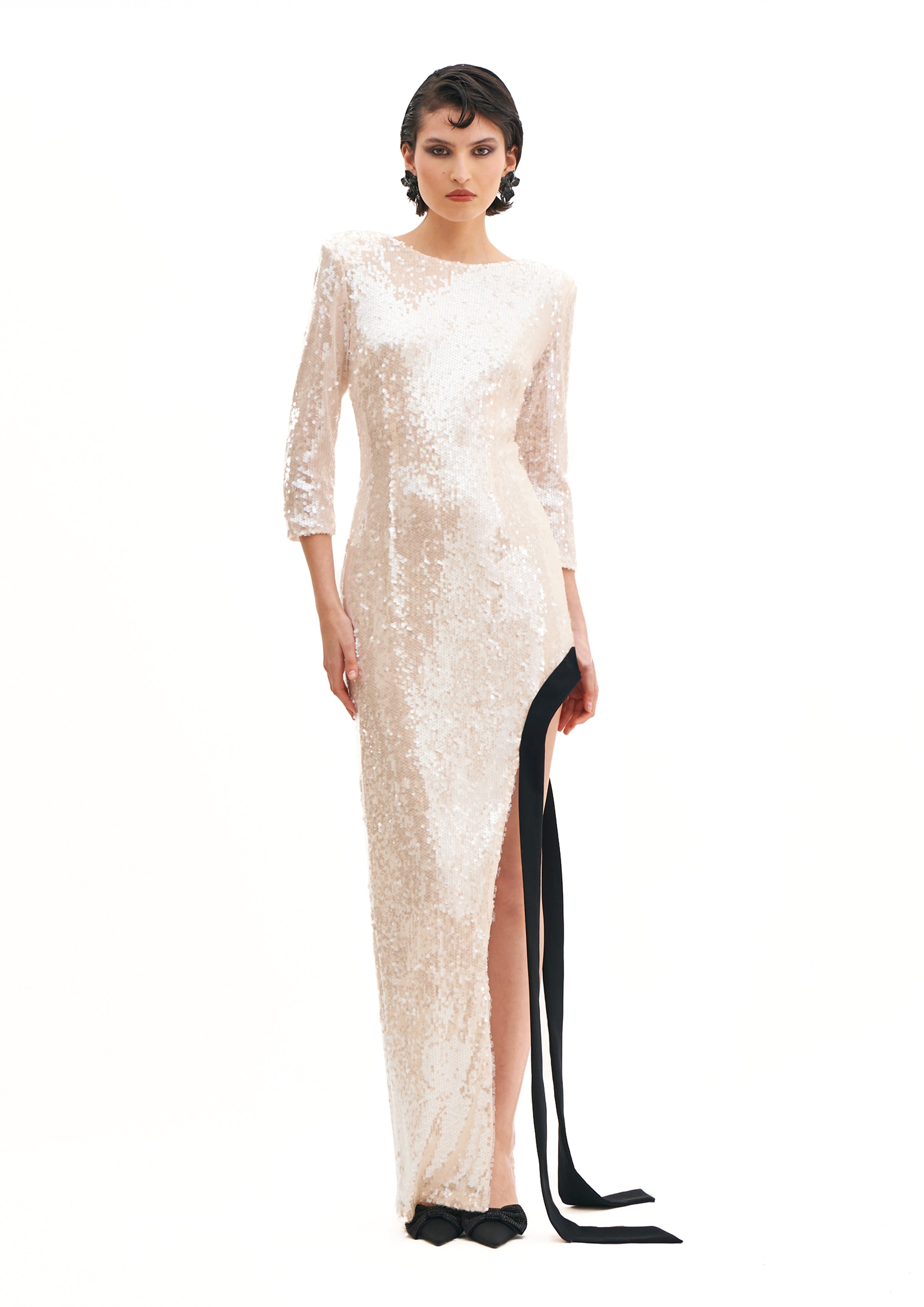 SIDECUT LONG SLEEVES DRESS WITH CADY BAND INSERT