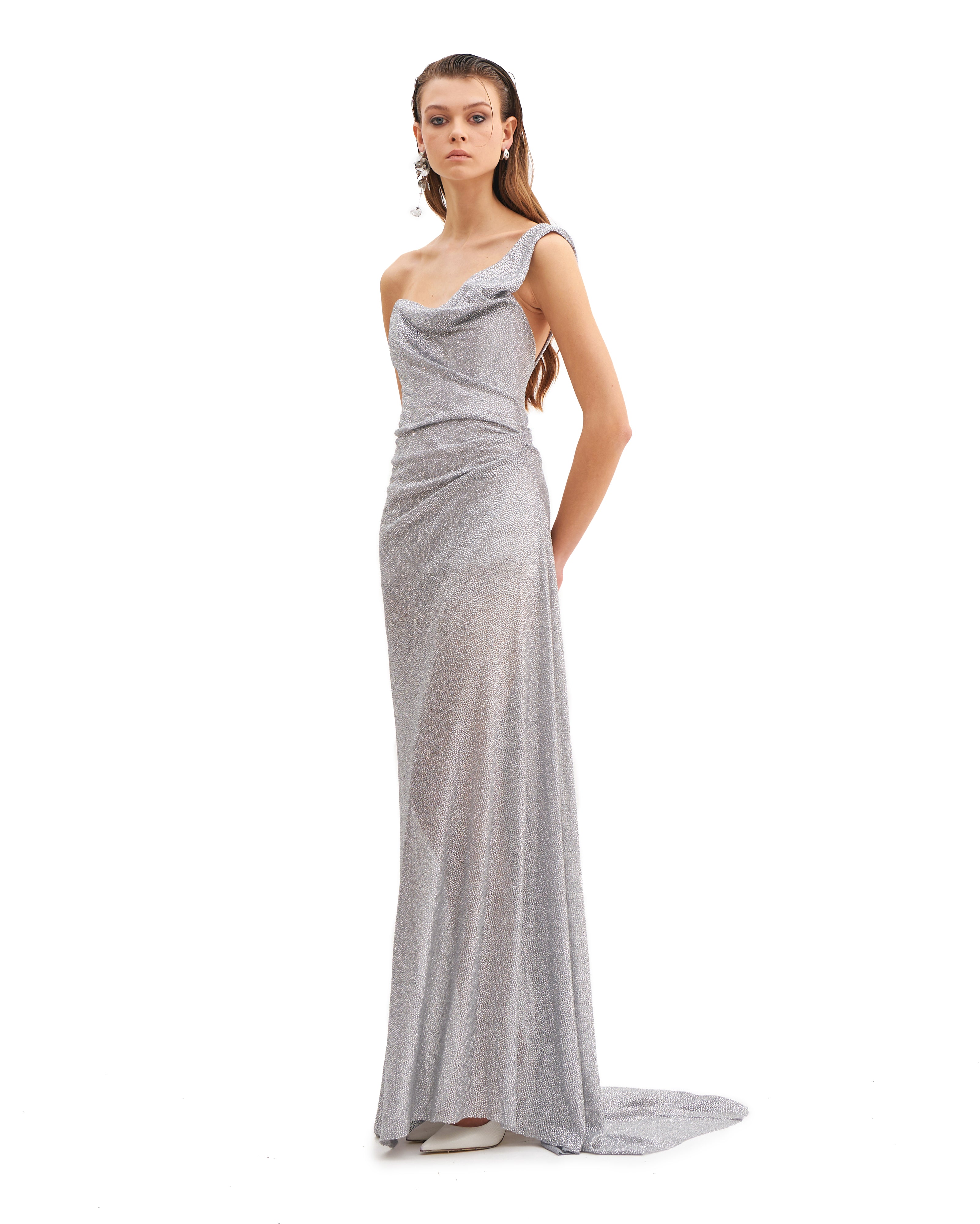 MOONLIT CRYSTAL MAXI MONOSHOULDER DRESS