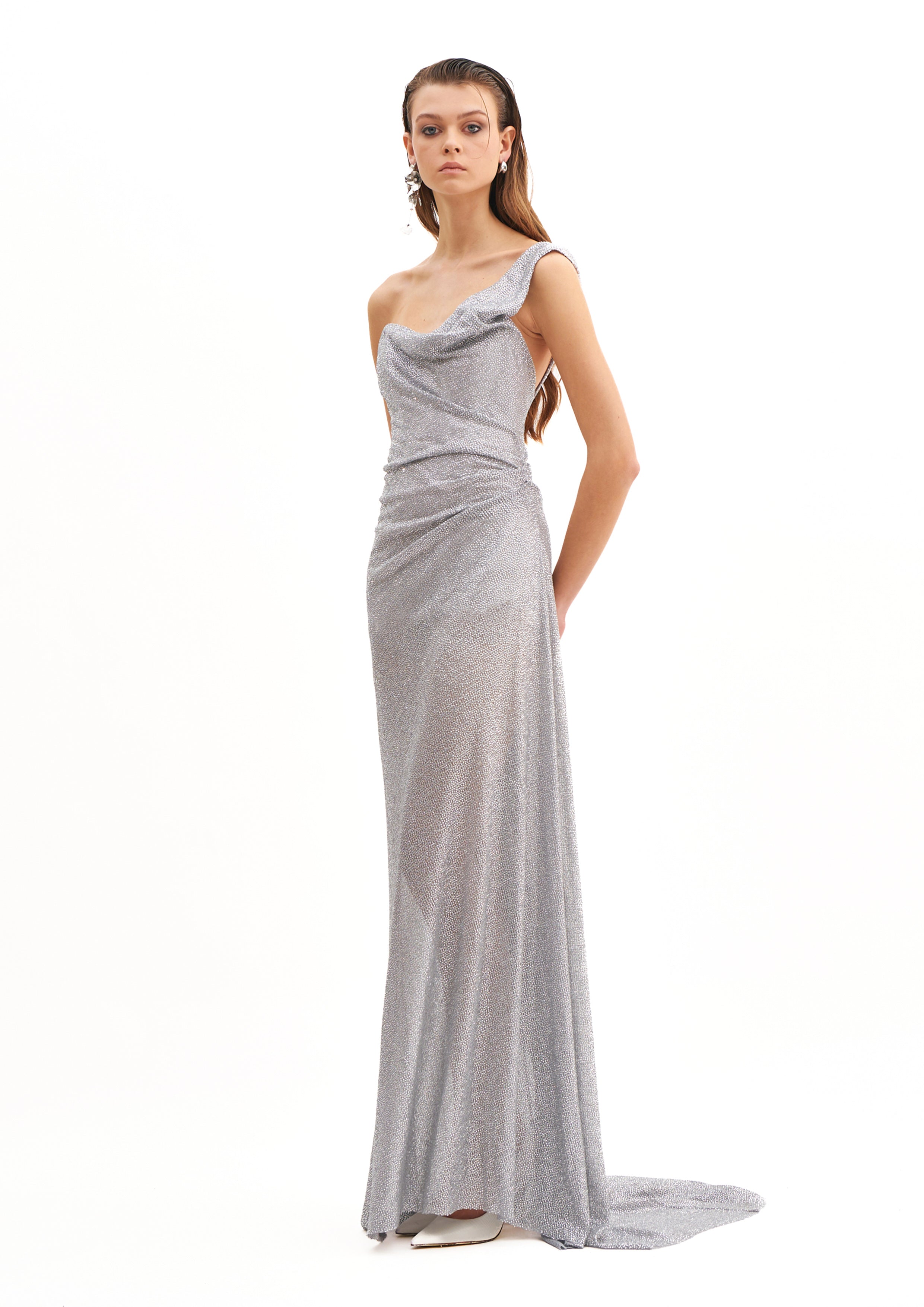 MOONLIT CRYSTAL MAXI MONOSHOULDER DRESS