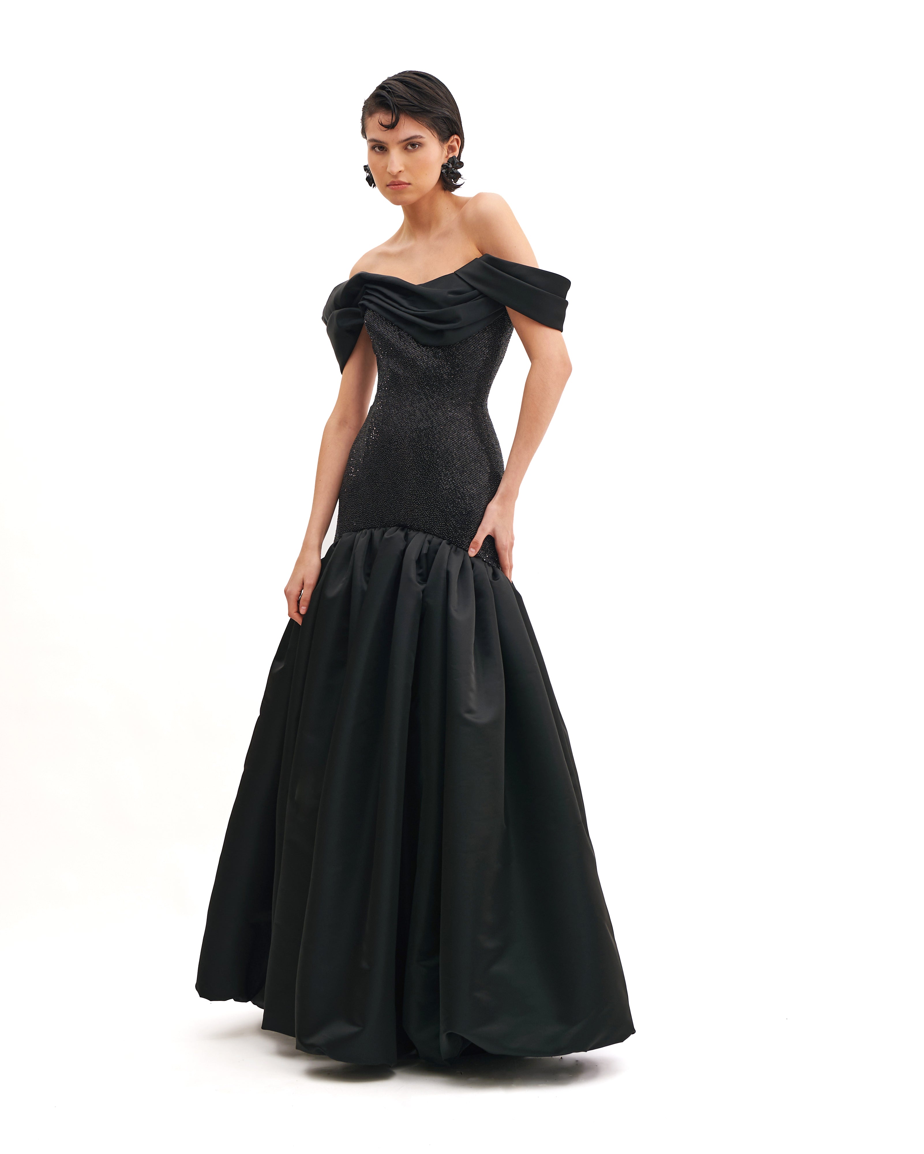 DRAPED SHOULDERS CRYSTAL GOWN WITH HOURGLASS FLARE  SKIRT