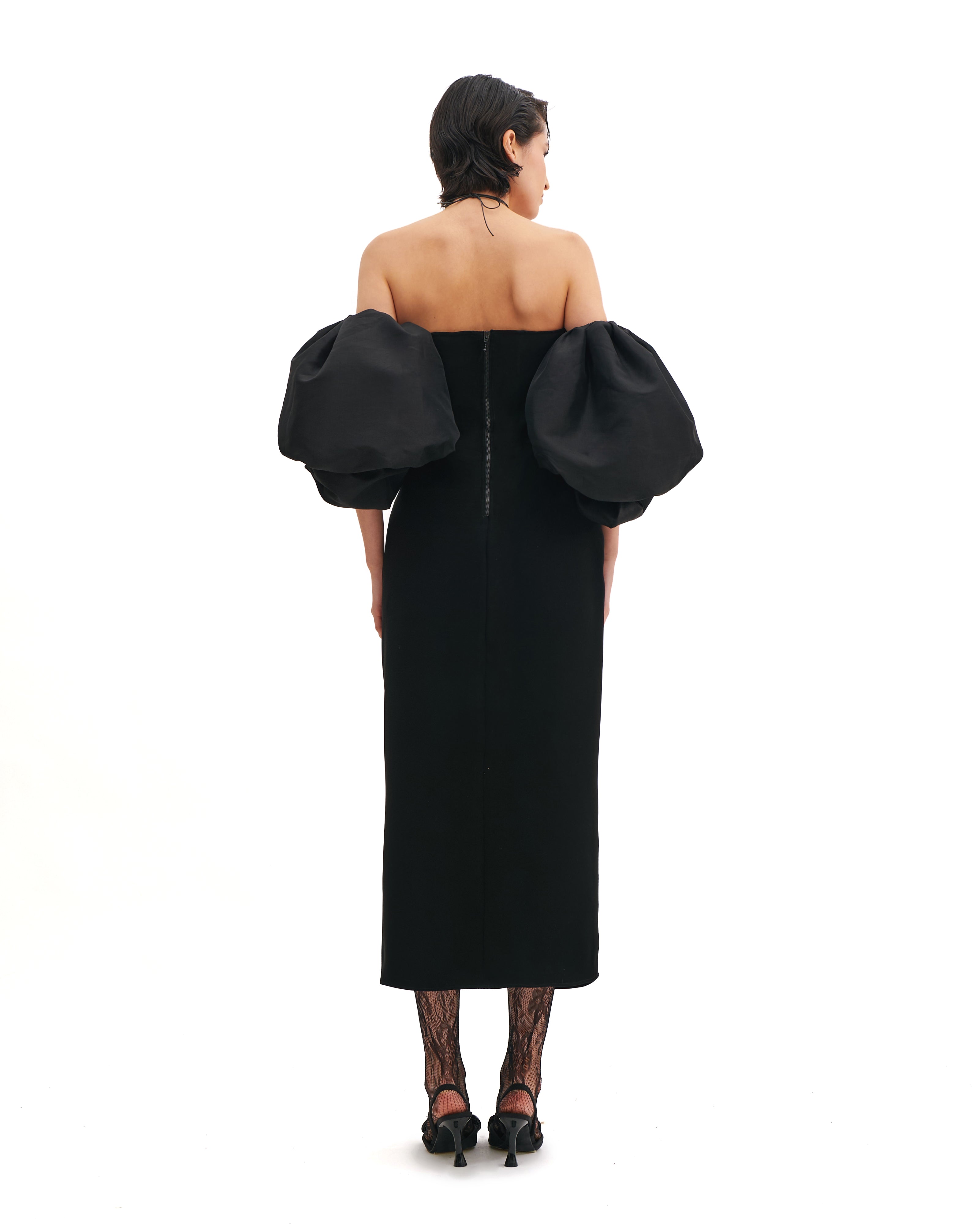 CORSETED TUBE DRESS WITH PUFFY SLEEVES