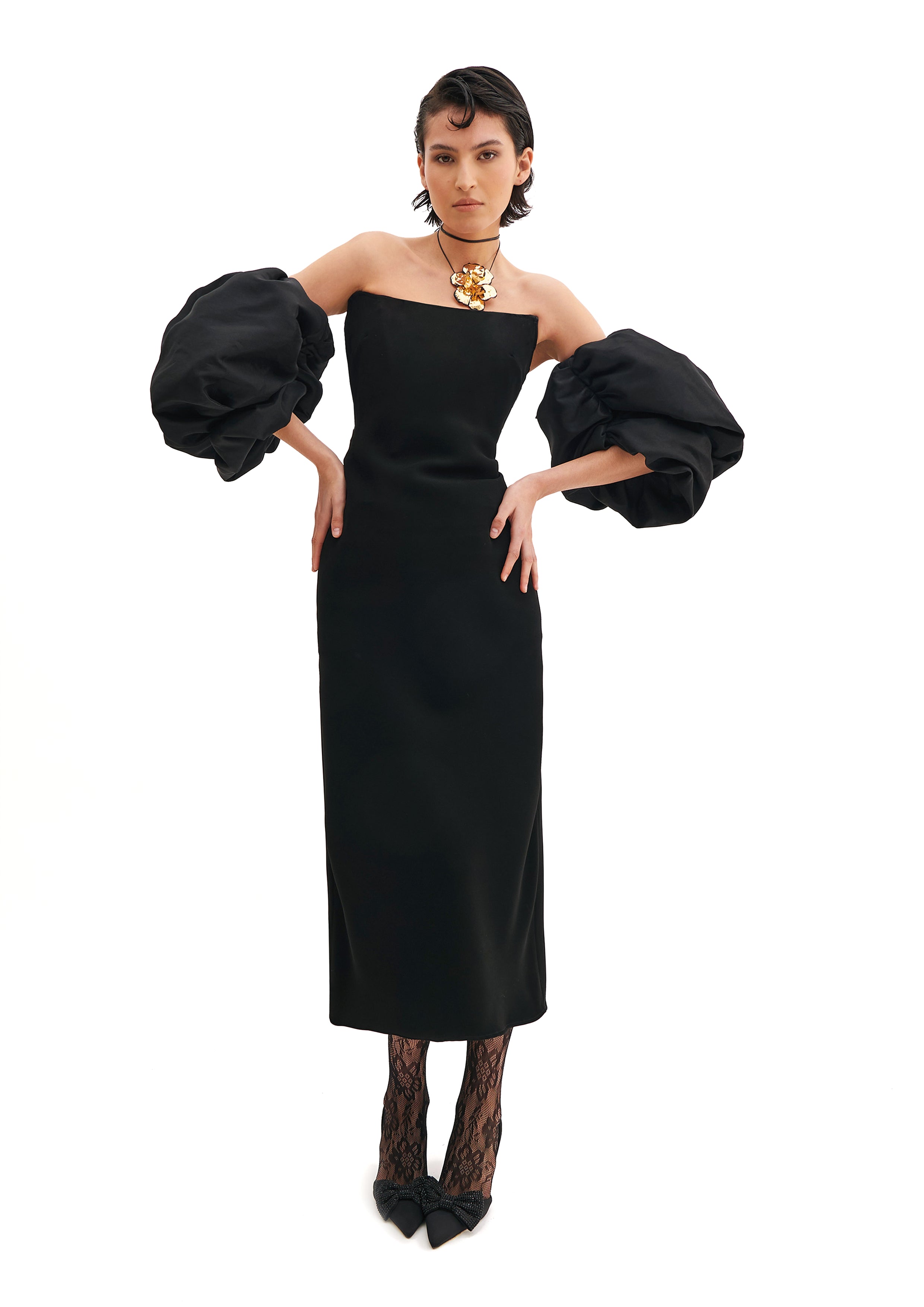CORSETED TUBE DRESS WITH PUFFY SLEEVES