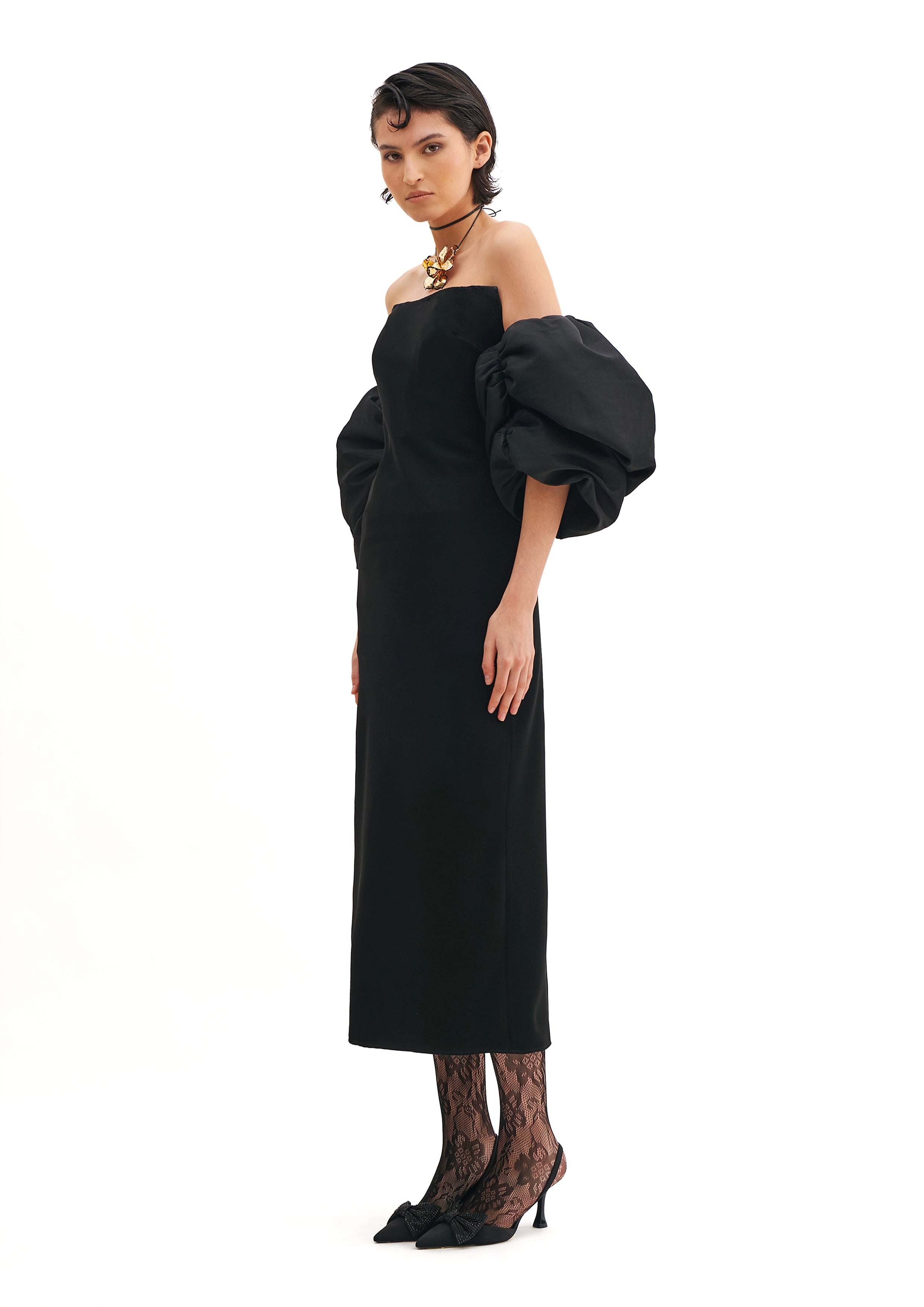 CORSETED TUBE DRESS WITH PUFFY SLEEVES