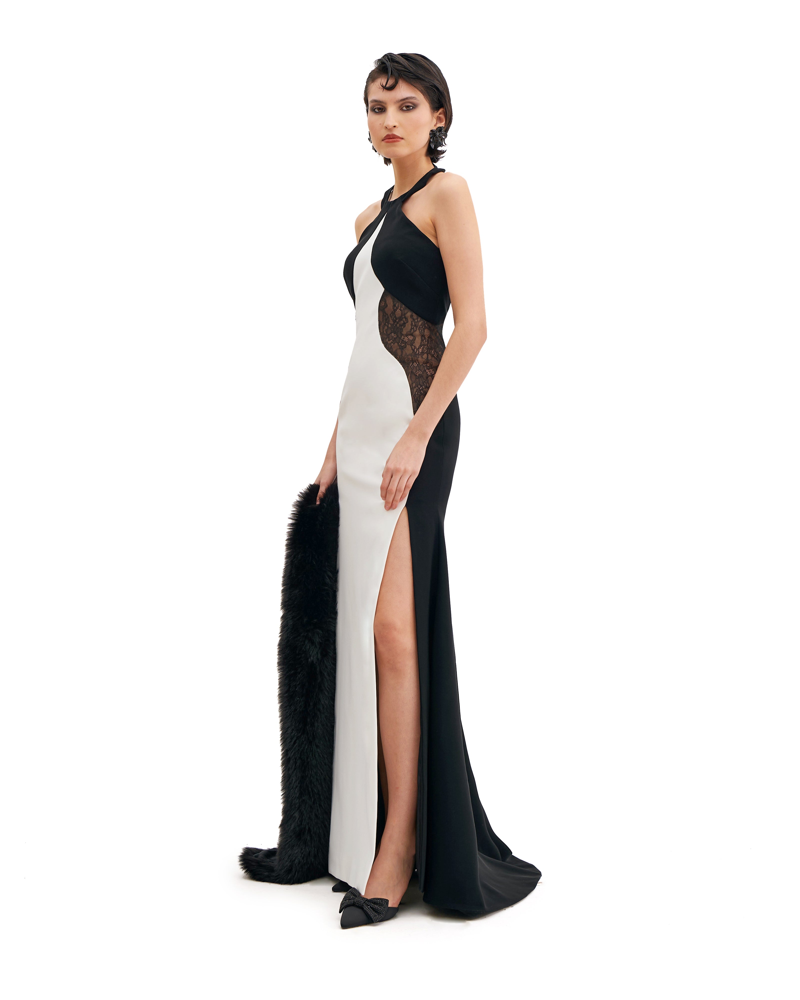 HALTER NECK CRISS-CROSS MAXI DRESS WITH LACE INSERTS