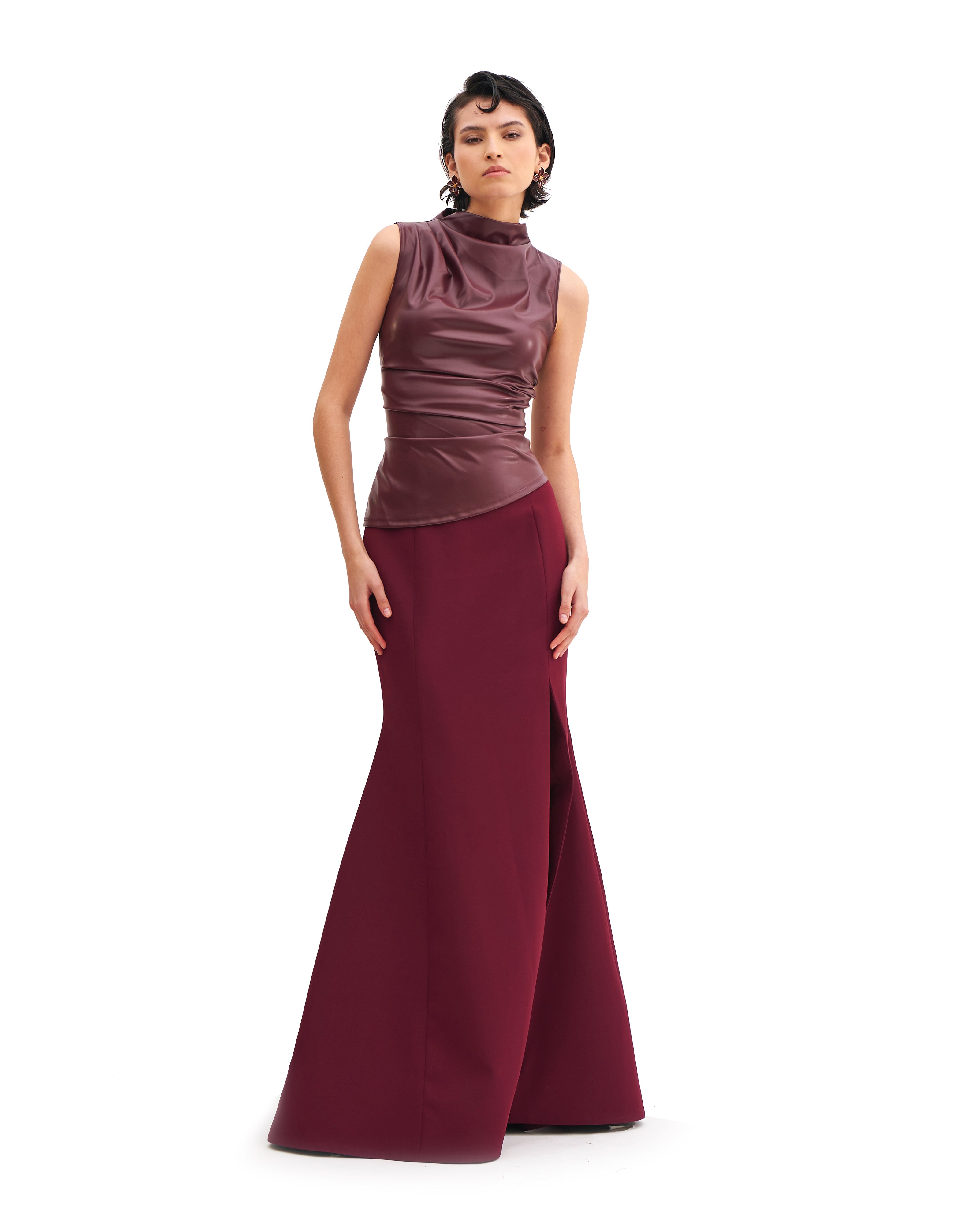 HIGH COLLAR PLEATS LEATHER TOP