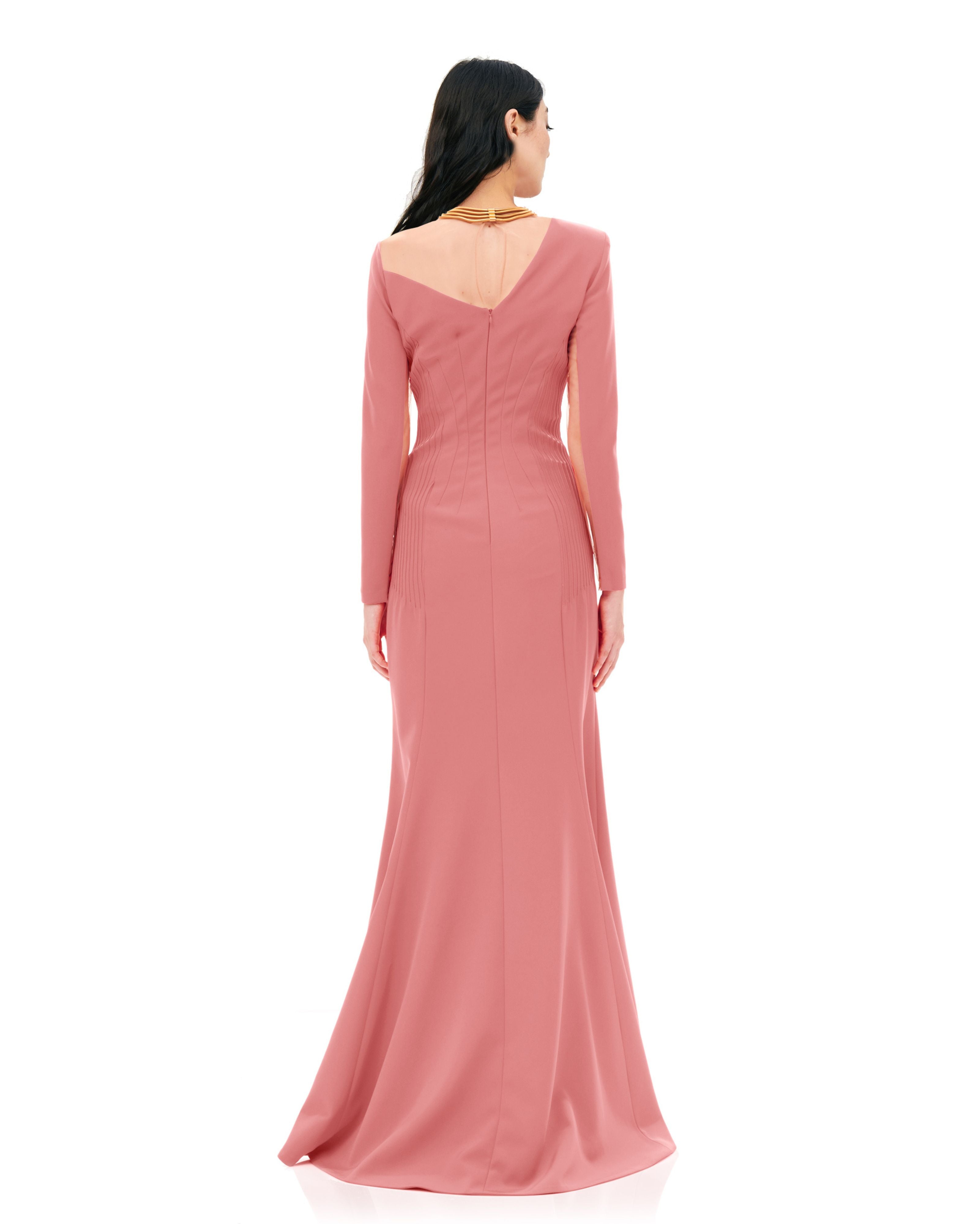 ASYMMETRICAL LONG SLEEVE RIBBED DETAIL DRESS WITH SLIT