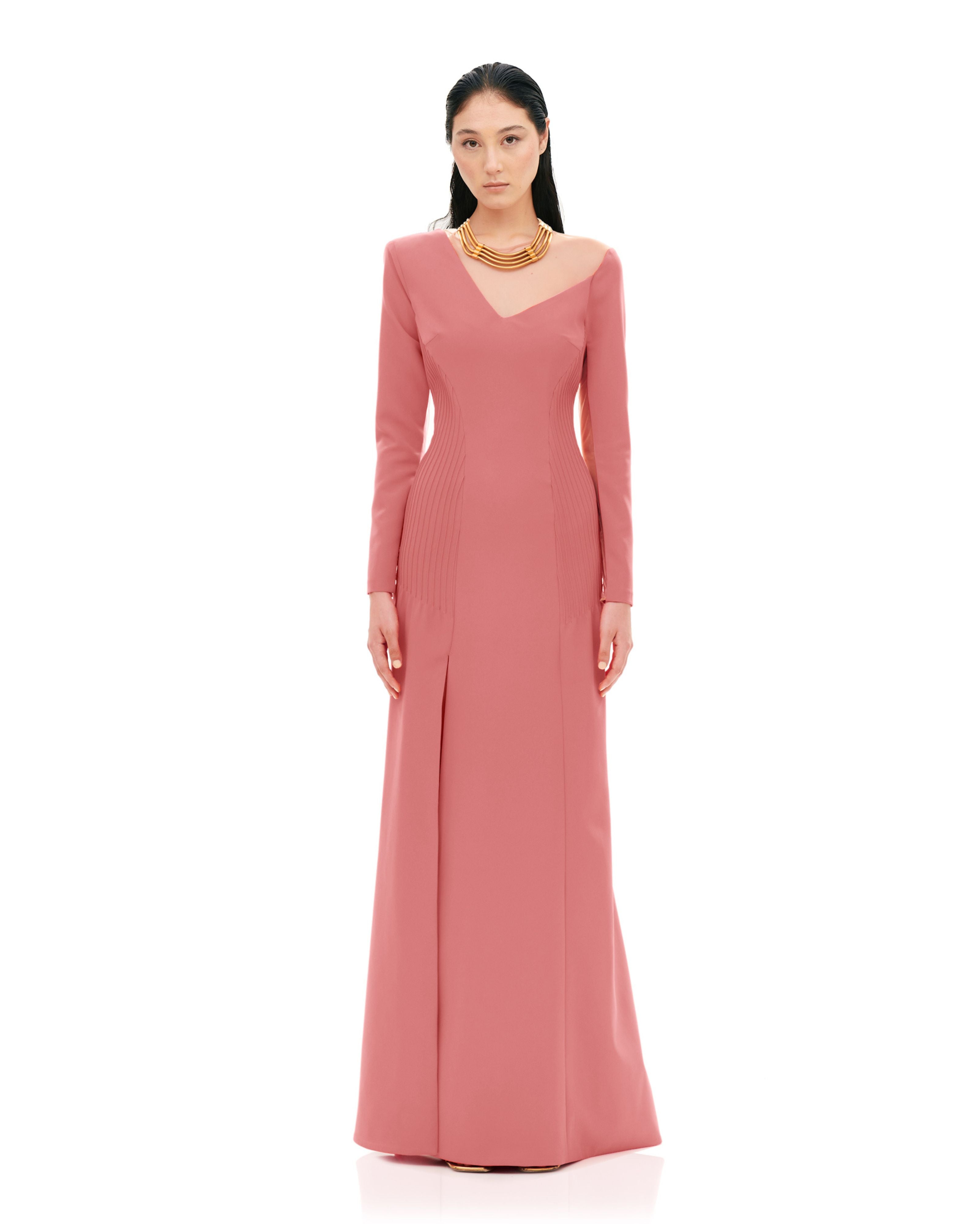 ASYMMETRICAL LONG SLEEVE RIBBED DETAIL DRESS WITH SLIT