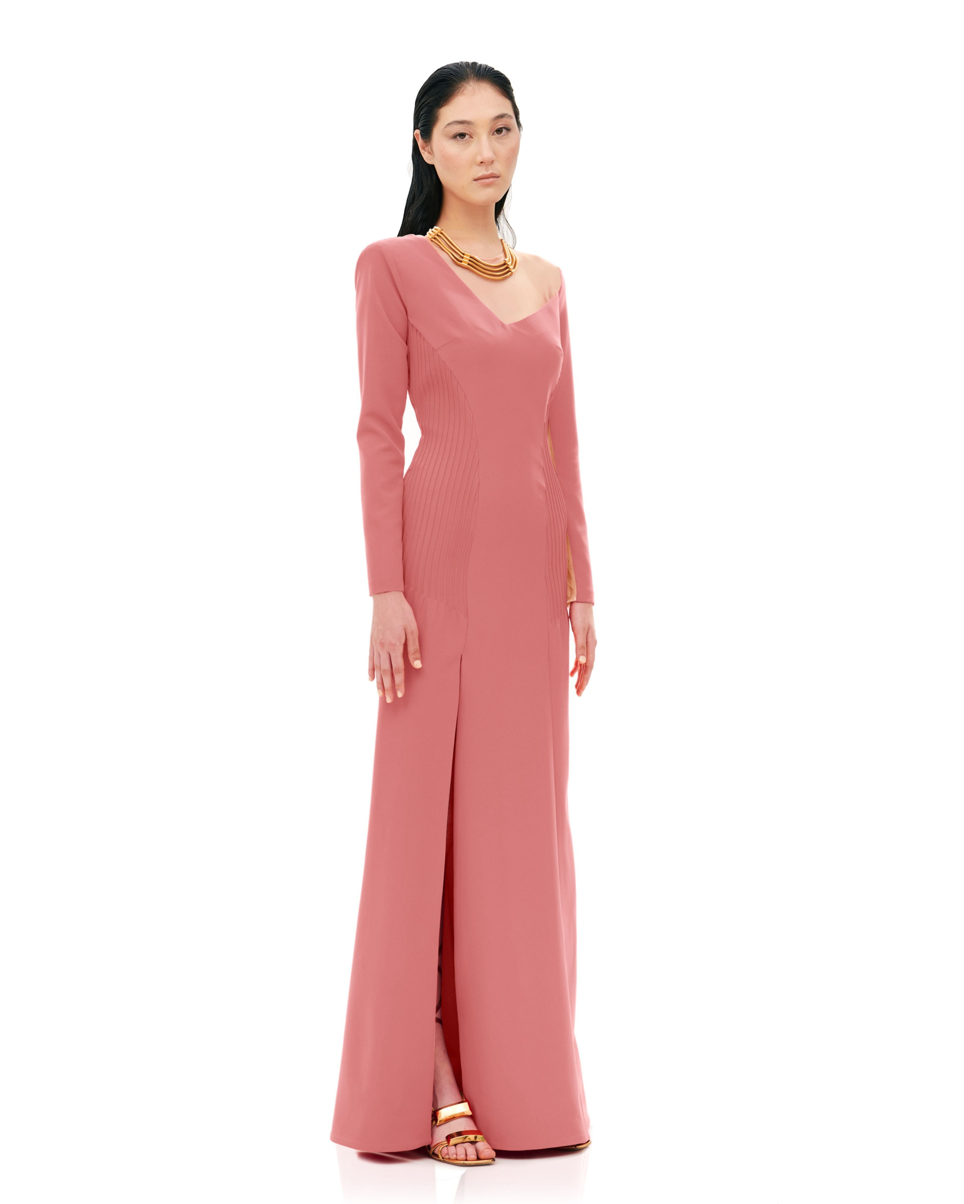 ASYMMETRICAL LONG SLEEVE RIBBED DETAIL DRESS WITH SLIT